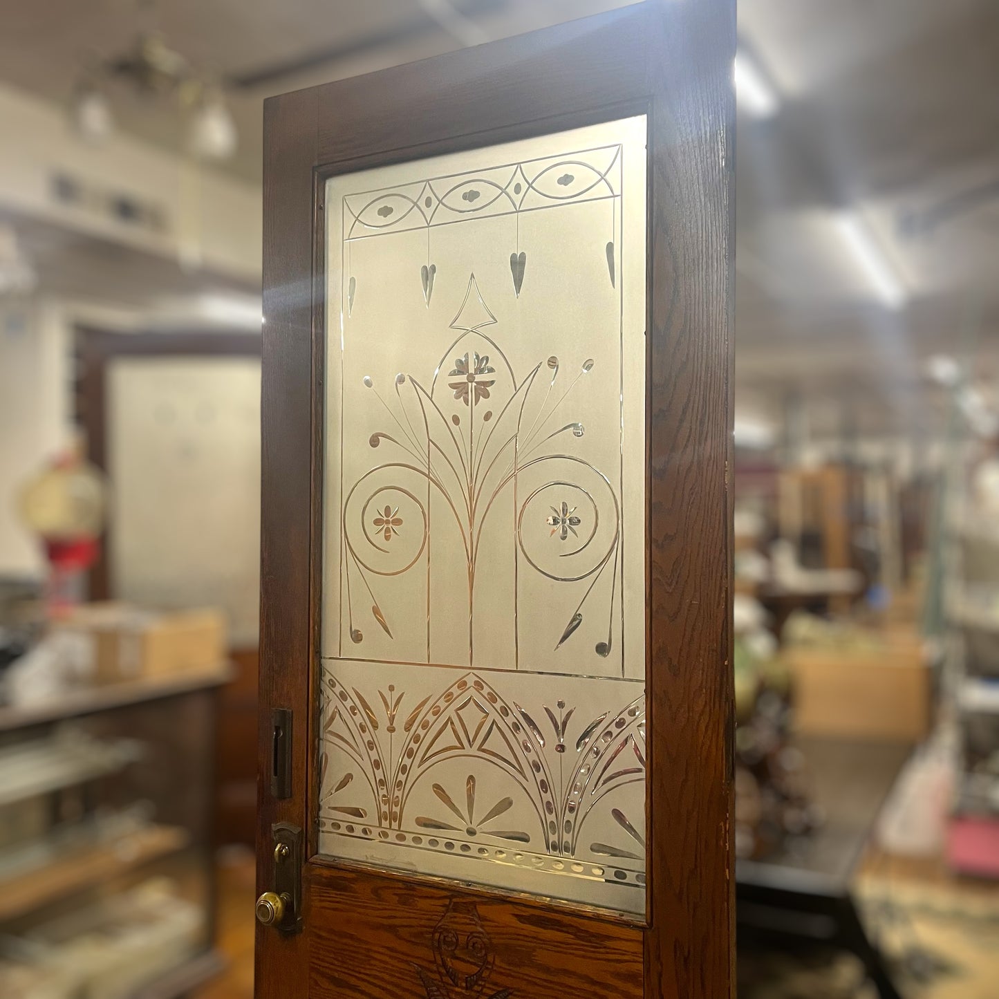 Antique (c. 1858) Victorian Oak Entry Door With Frosted Etched Glass