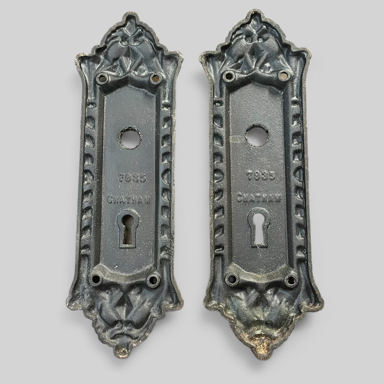 Antique c. 1905 Cast Iron Chatham Russell Erwin Russwin Romanesque Style Door Hardware Set