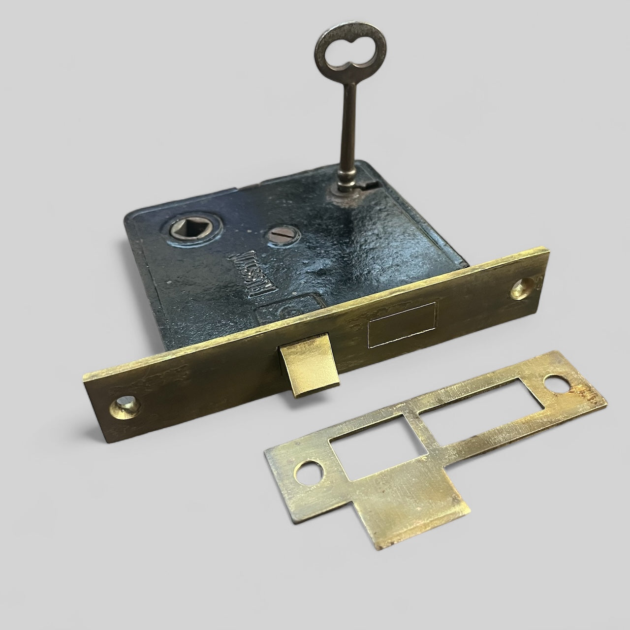 Antique Russwin Brass Moritse Lock with Strike Plate and Functional Skeleton Key