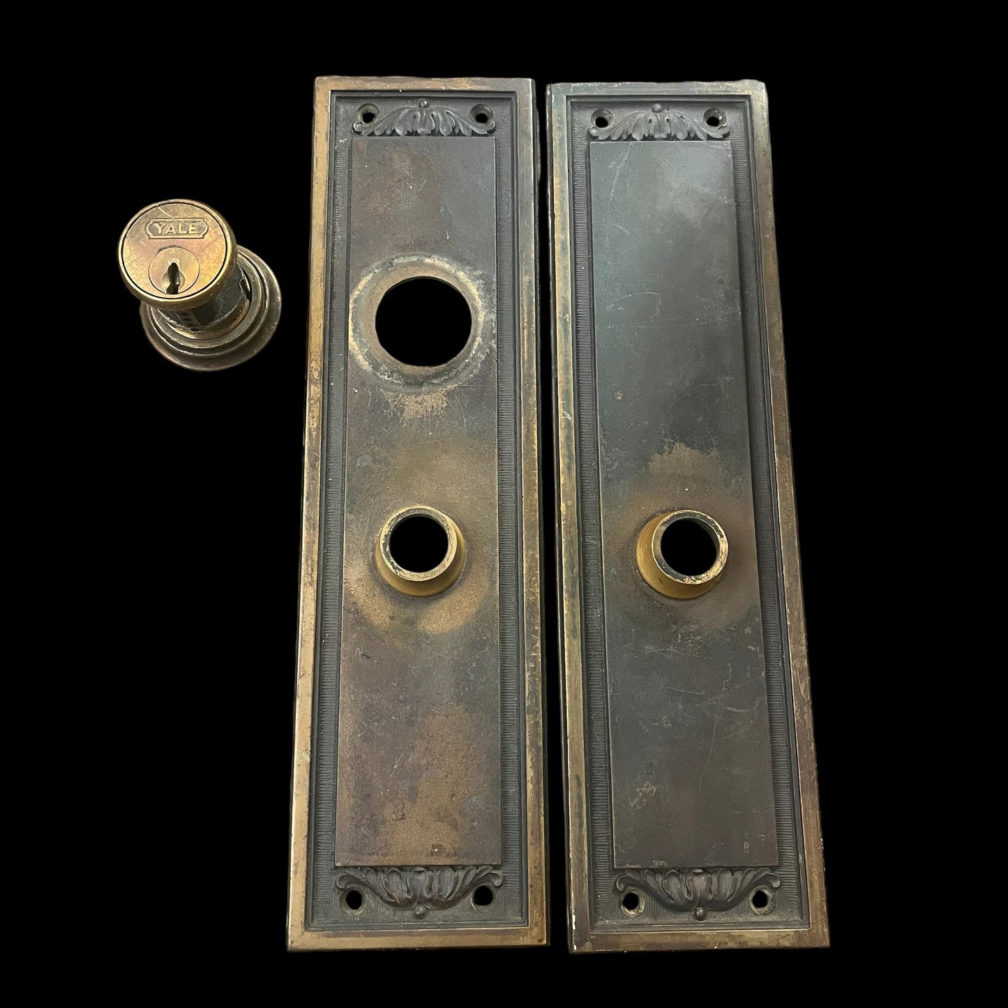 Antique Cast Bronze/Brass Yale Interior or Exterior Door Hardware Set - First National Bank Monogram Doorknob