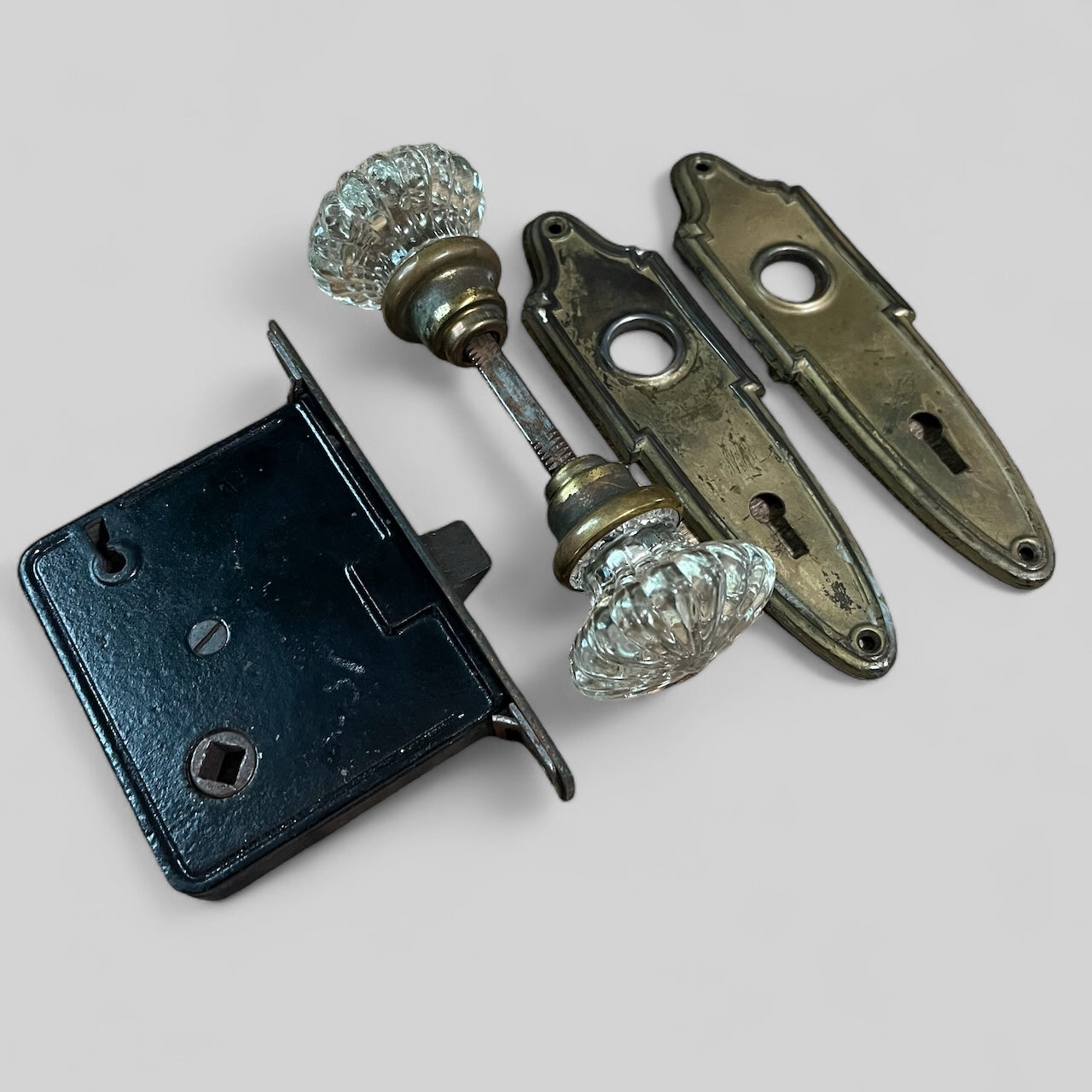 Antique “Daisy” Glass Doorknob Set with Steel Art Deco Escutcheons and Mortise Lock