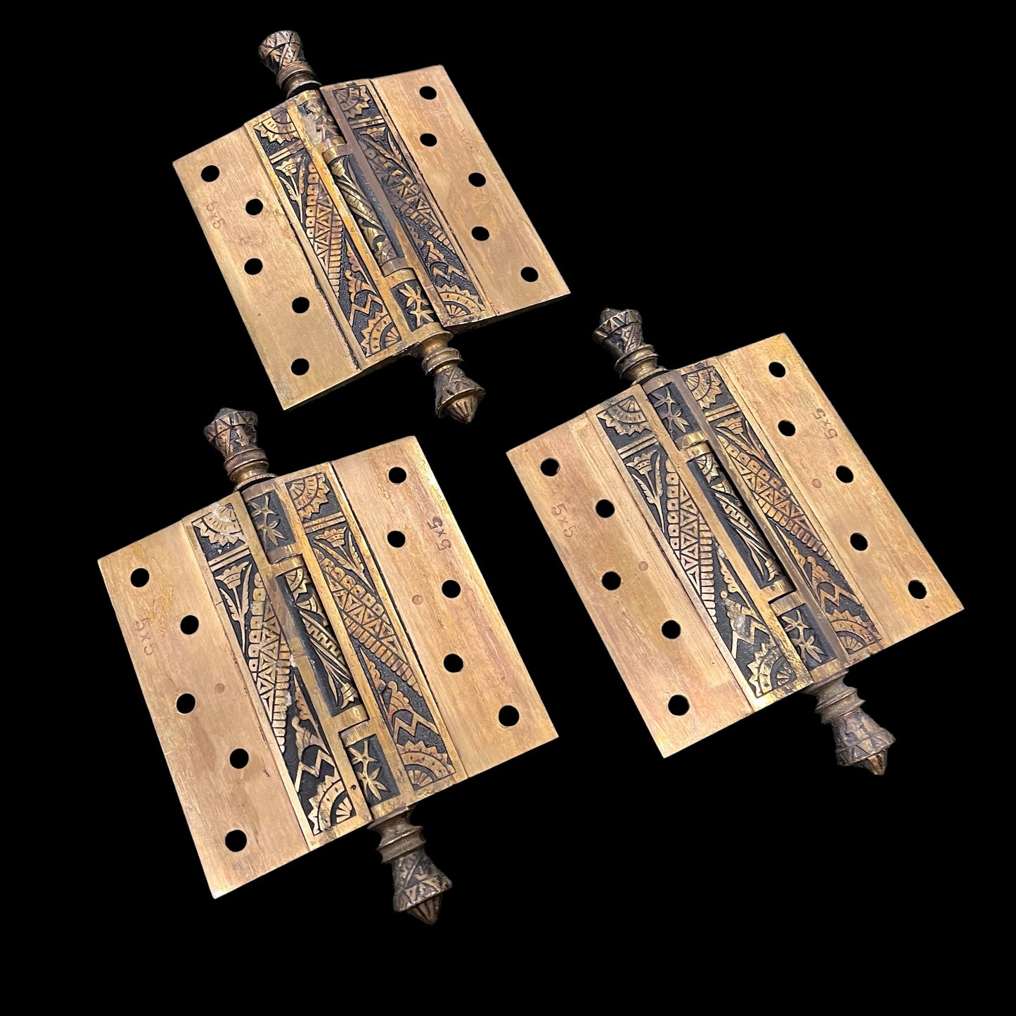 Antique Cast Brass Eastlake Style Oversized 5x5 Door Hinges - Set of 3