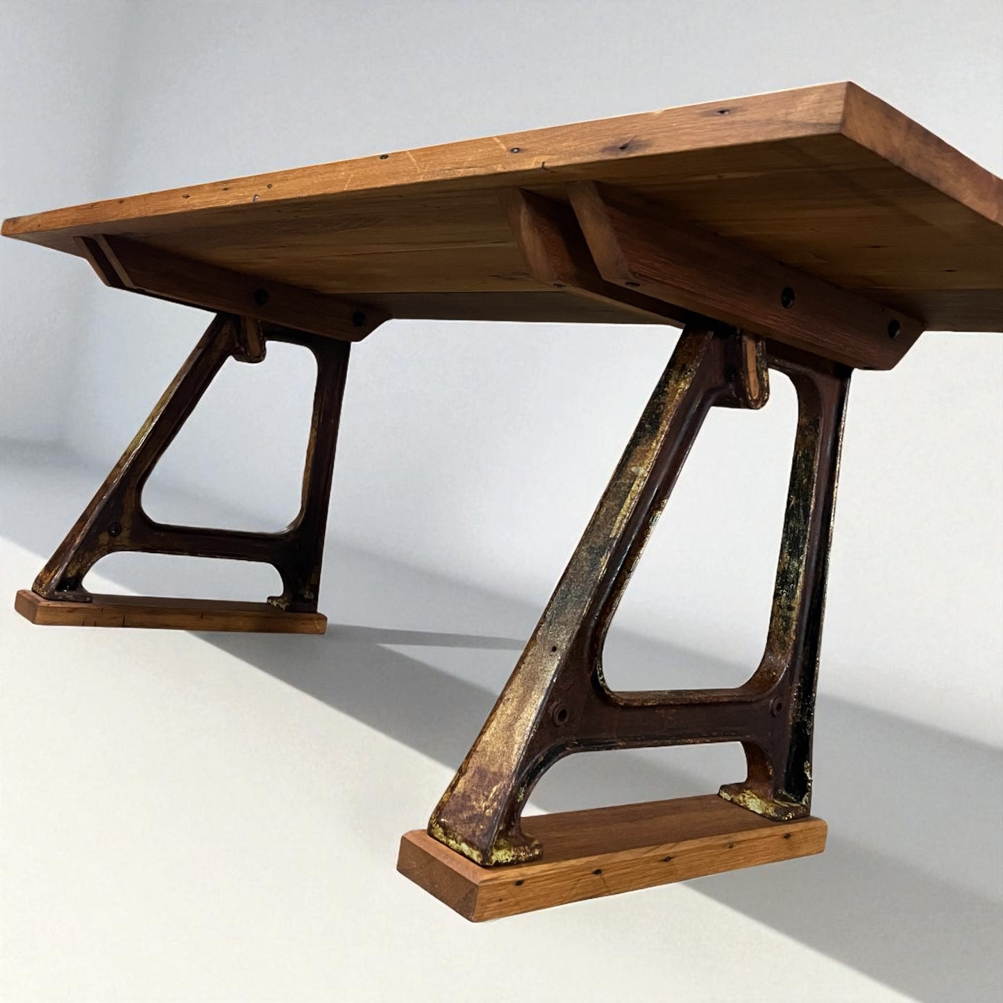 Handcrafted Table Made With Reclaimed Oak Floor Joists and Vintage Industrial Table Legs