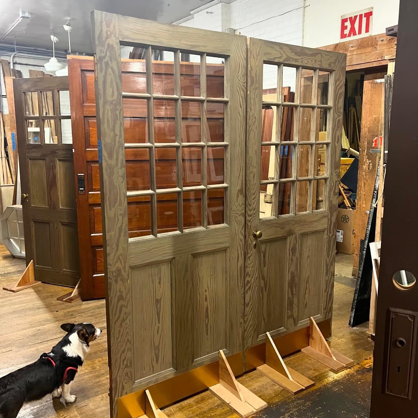 Antique Double Doors With 16 Window Glass Panes, Includes Frame