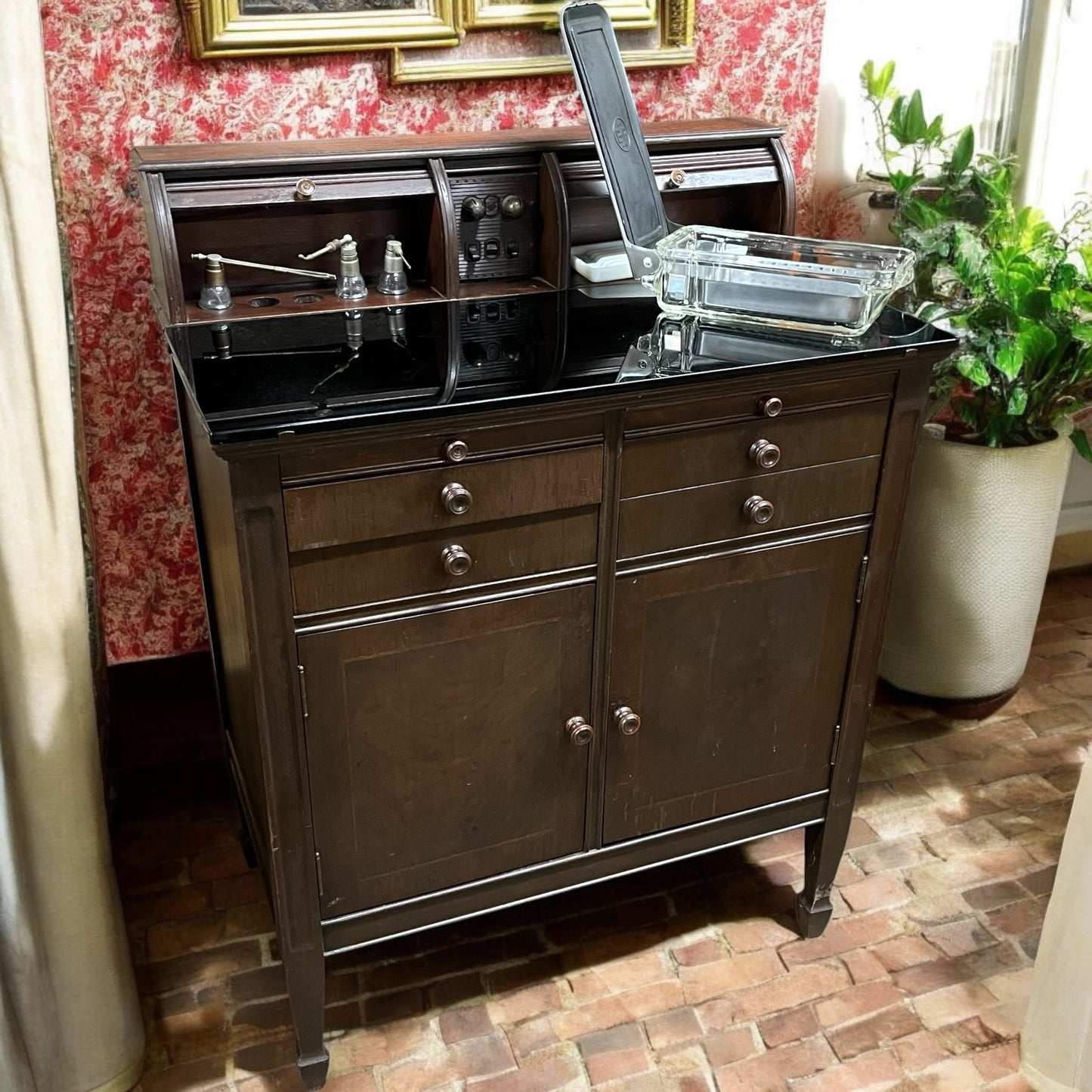Rare Antique Dental Medical Cabinet With Glass Top and Antique Dental Equipment