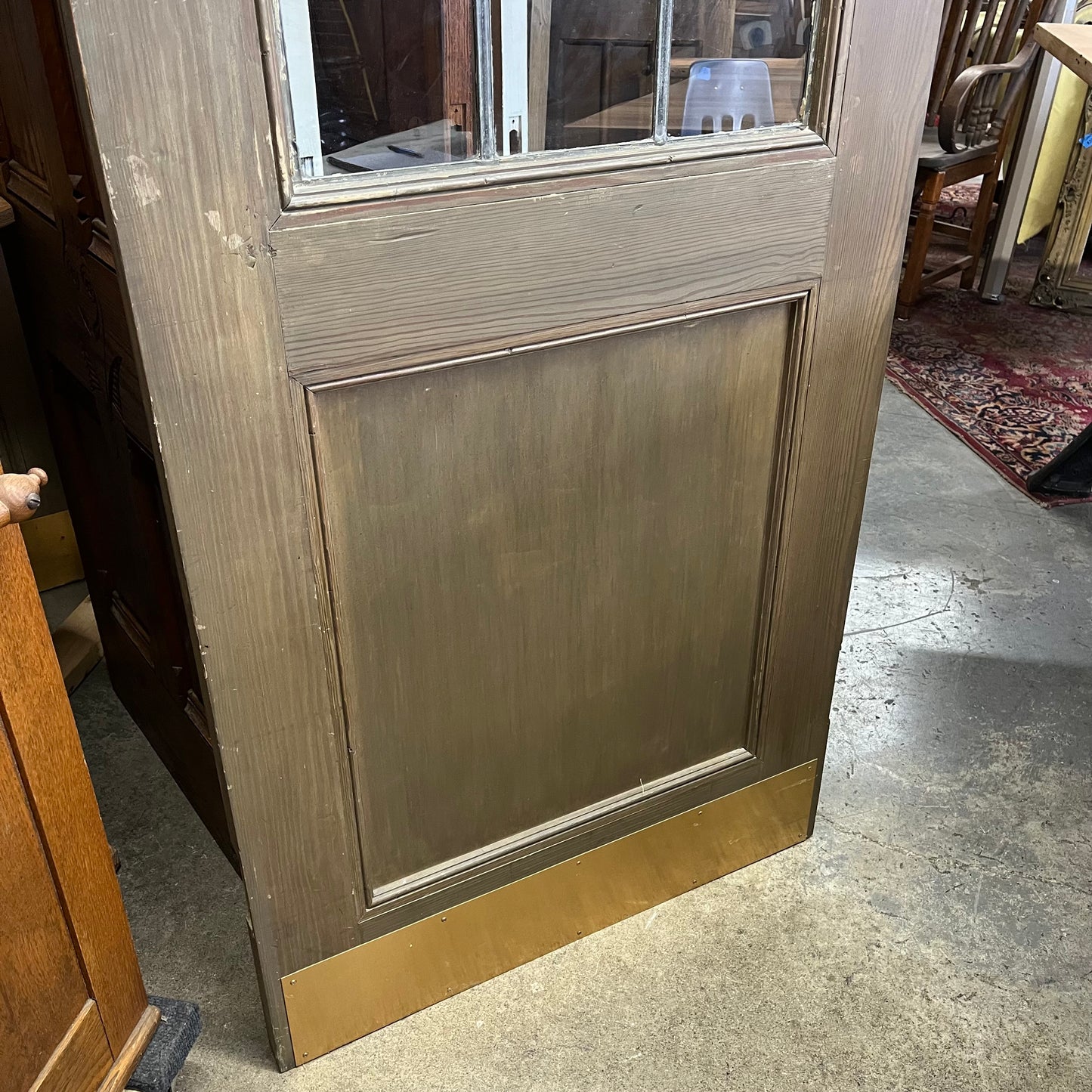 Tall Solid Antique Door With Original Leaded Glass From An Early 1900s Church