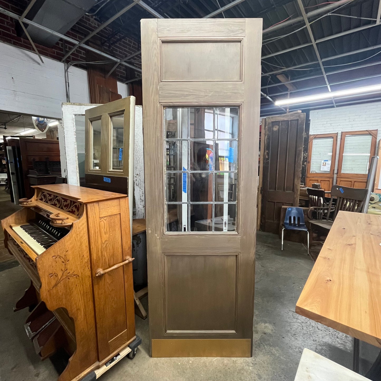 Tall Solid Antique Door With Original Leaded Glass From An Early 1900s Church