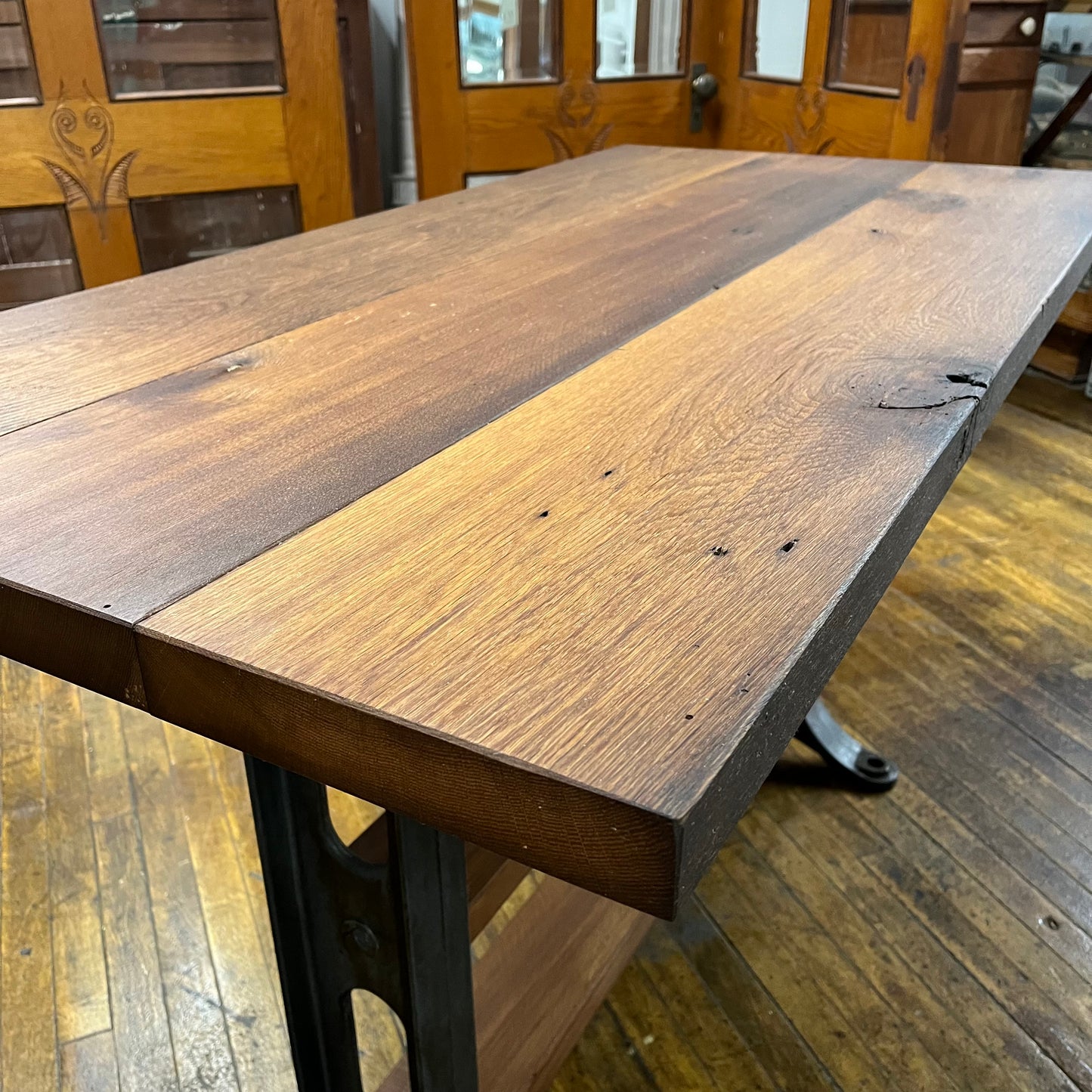 Reclaimed Antique Oak Hand-crafted Table With Industrial Cast Iron Legs