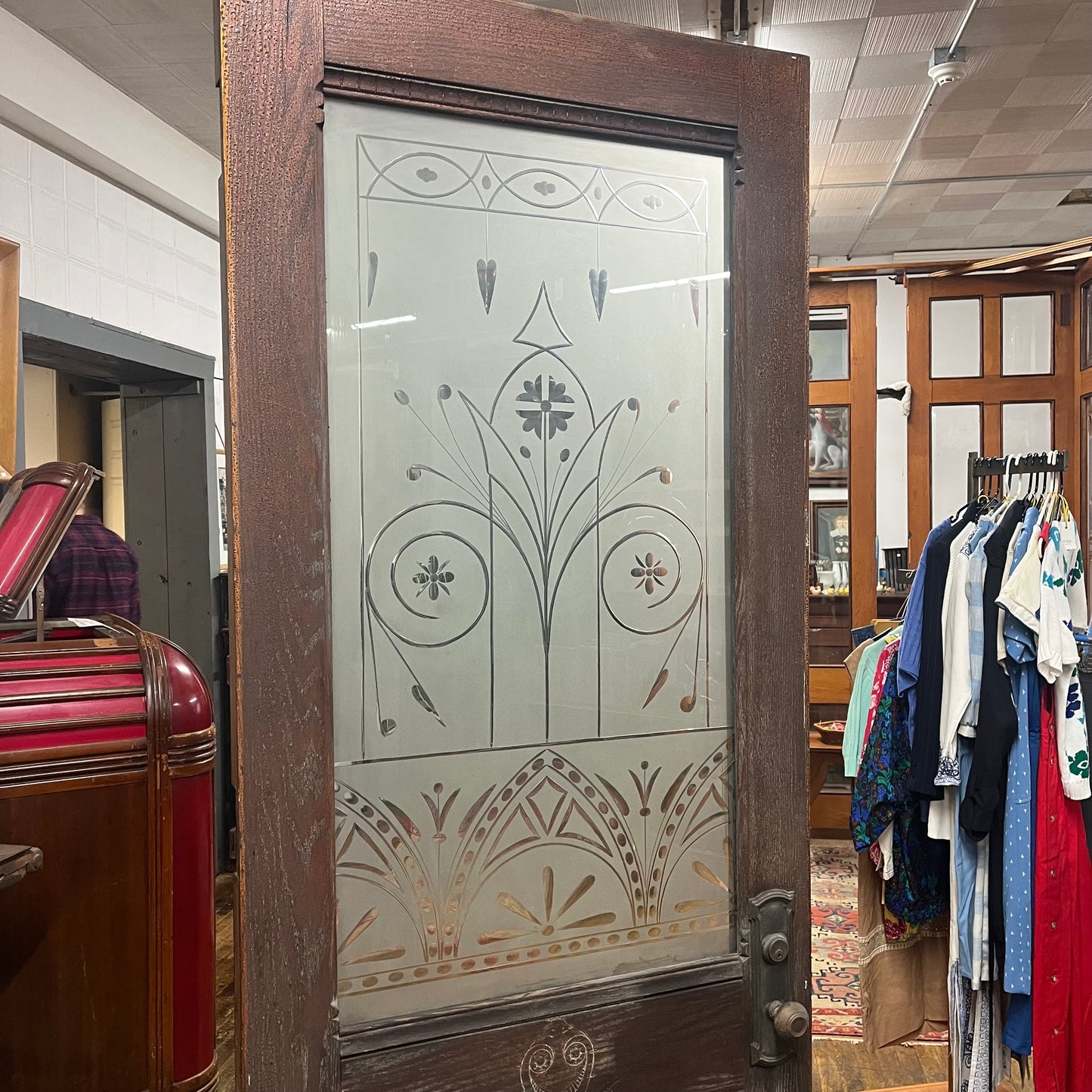 Antique (c. 1858) Victorian Oak Entry Door With Frosted Etched Glass
