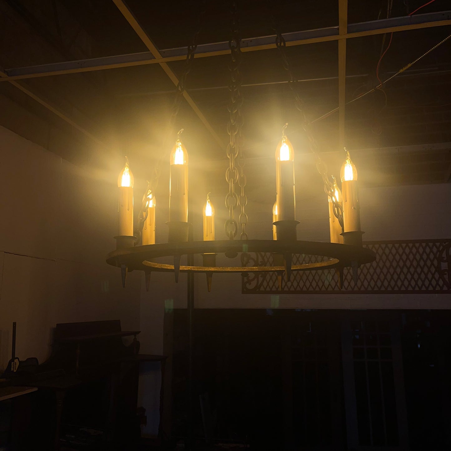Vintage 8-Light Cast Iron Chandelier with Heavy Steel Chain