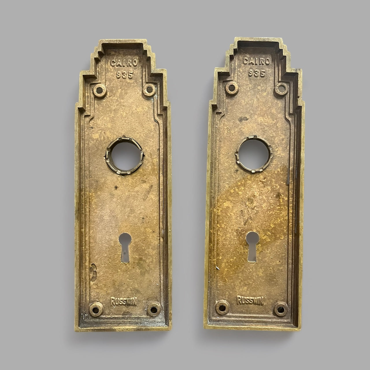 Antique Cast Brass Russwin Cairo 935 Art Deco Escutcheon Plates