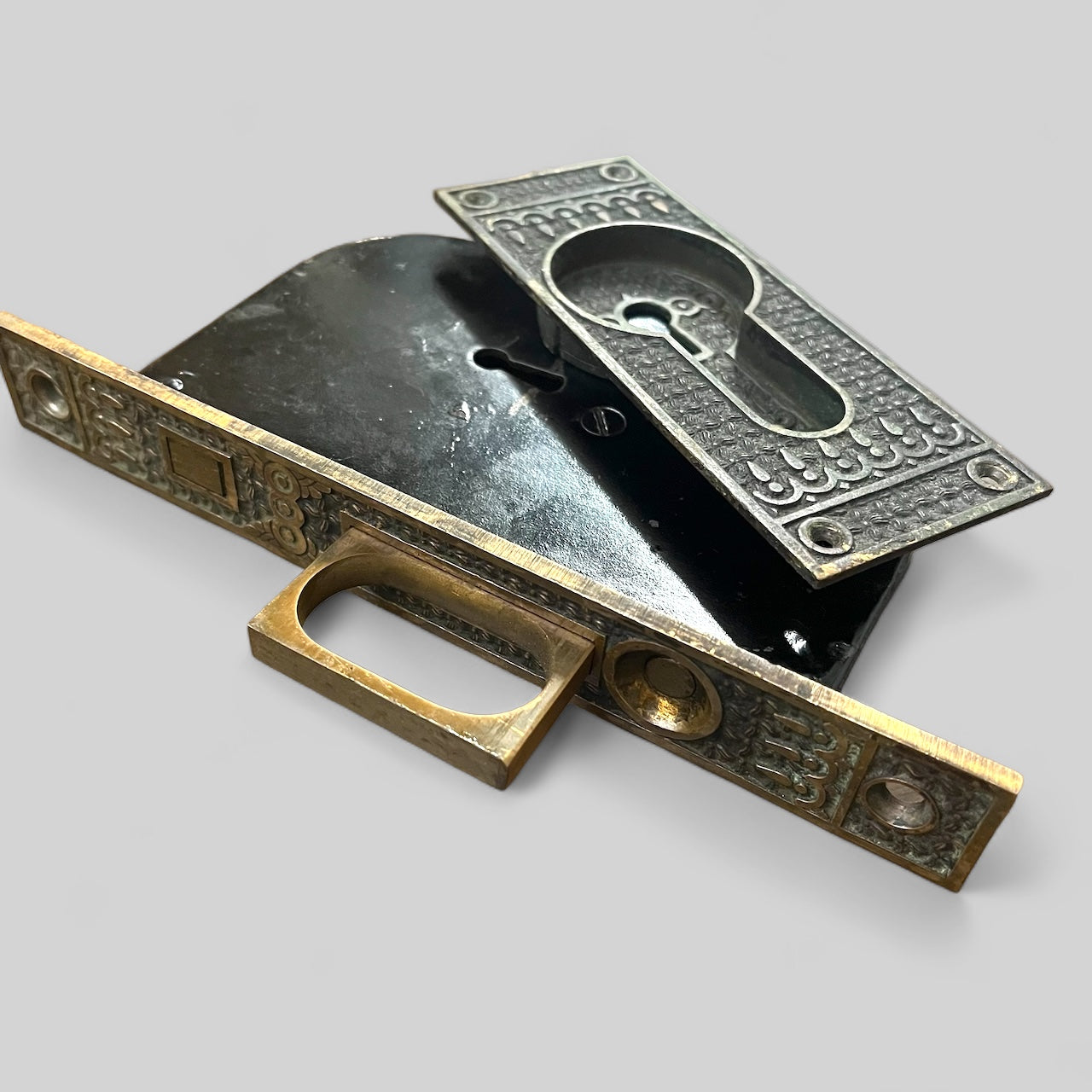 Antique Victorian Ornate Bronze Pocket Door Pulls and Locks Late 1800s
