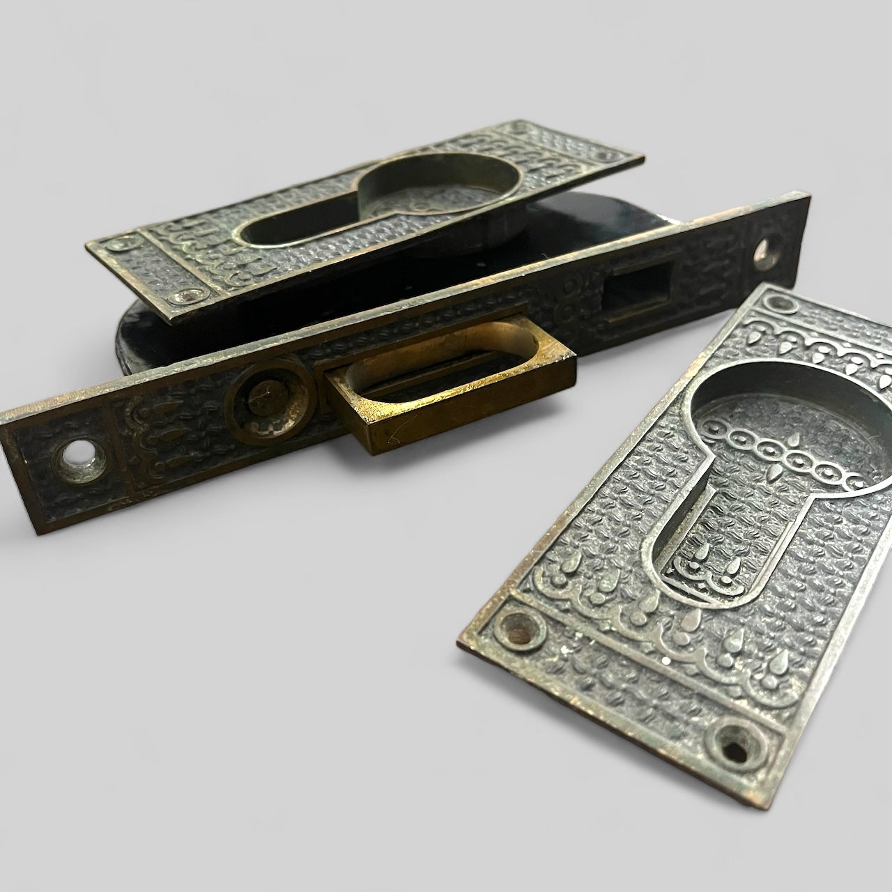 Antique Victorian Ornate Bronze Pocket Door Pulls and Locks Late 1800s