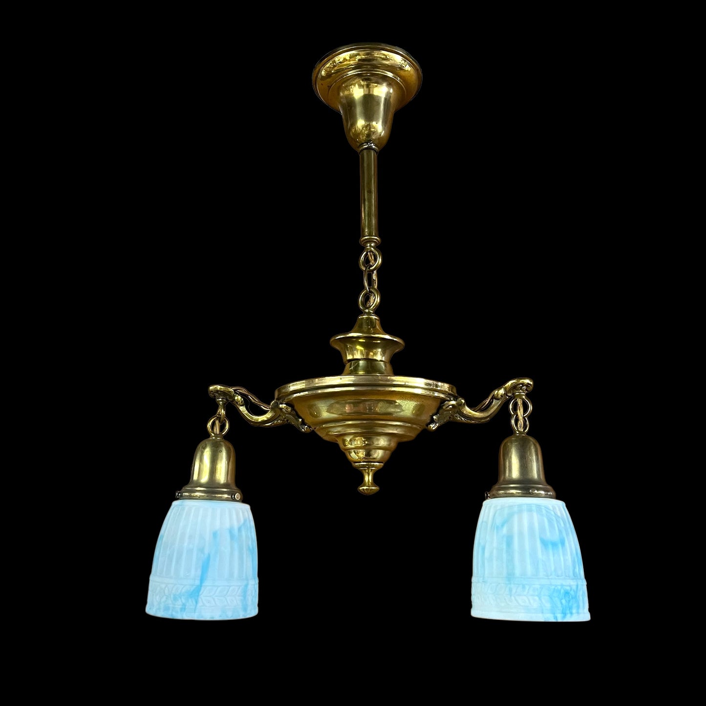 Antique Brass Chandelier With Gorgeous White/Blue Milk Glass Globes - Rewired