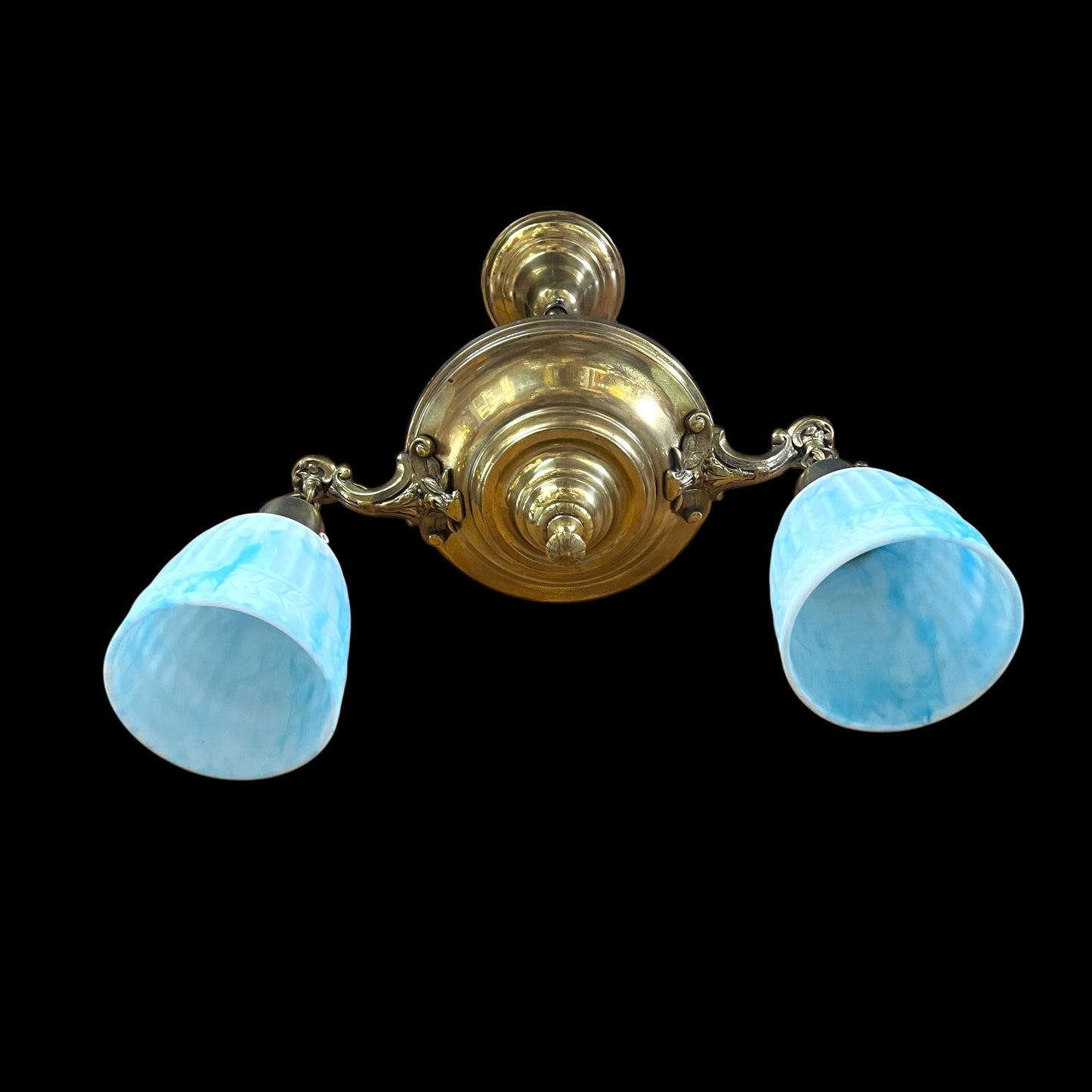 Antique Brass Chandelier With Gorgeous White/Blue Milk Glass Globes - Rewired