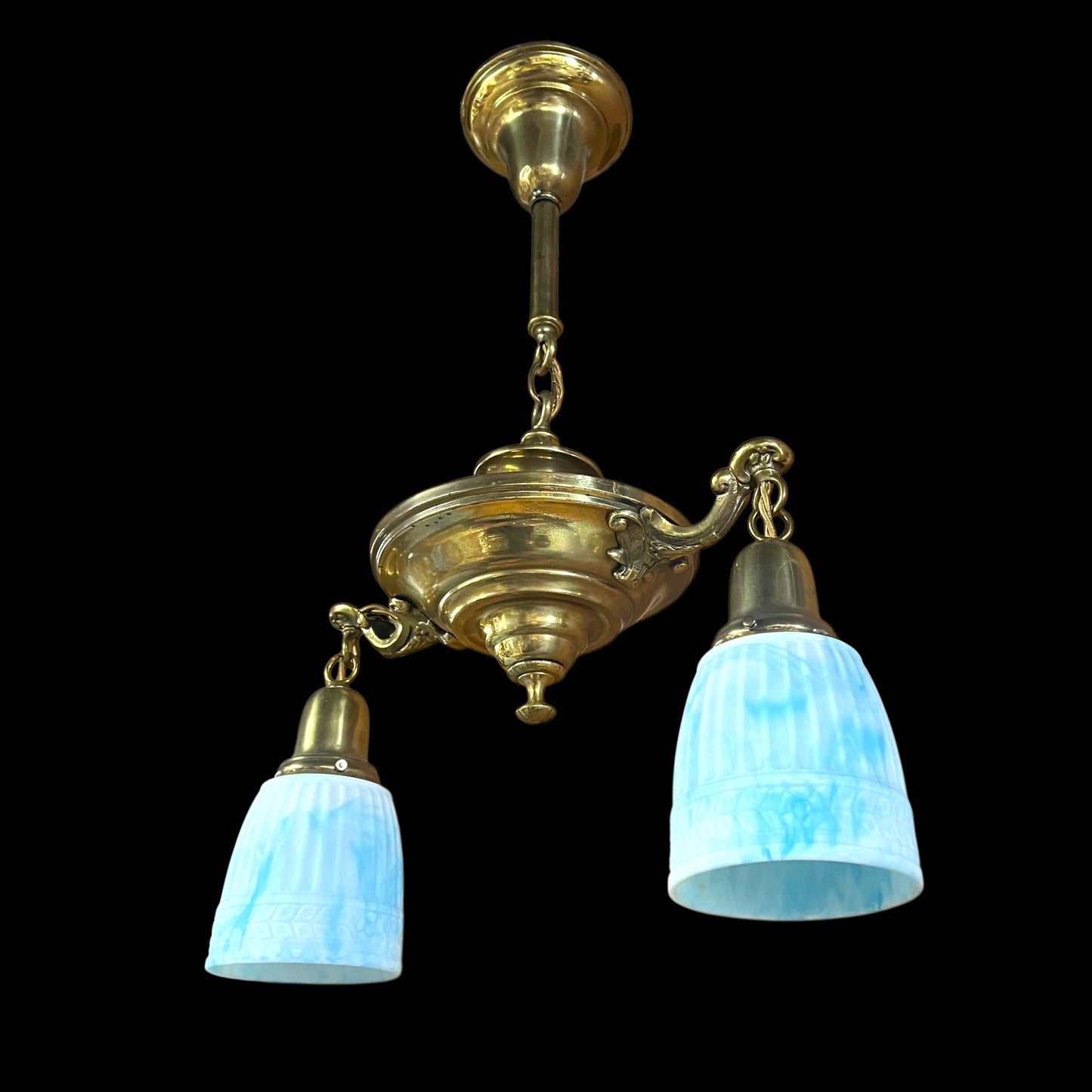 Antique Brass Chandelier With Gorgeous White/Blue Milk Glass Globes - Rewired