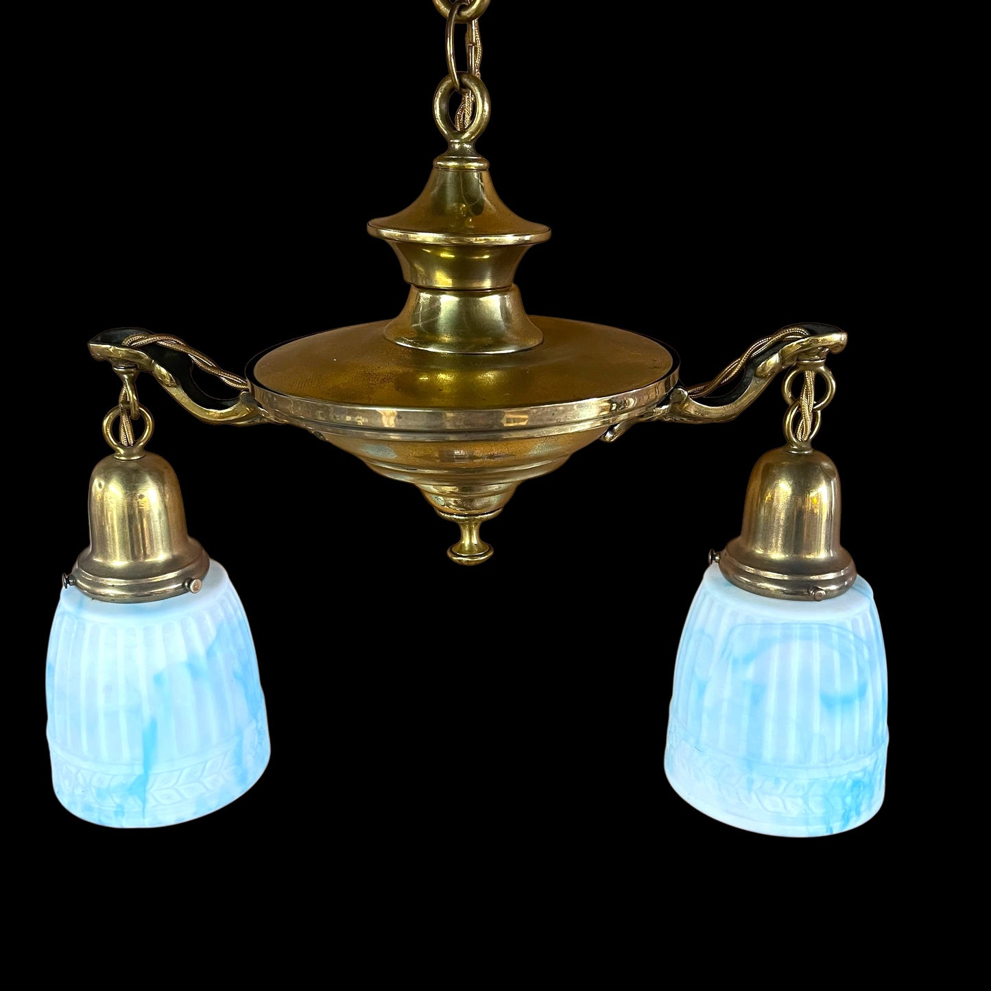 Antique Brass Chandelier With Gorgeous White/Blue Milk Glass Globes - Rewired