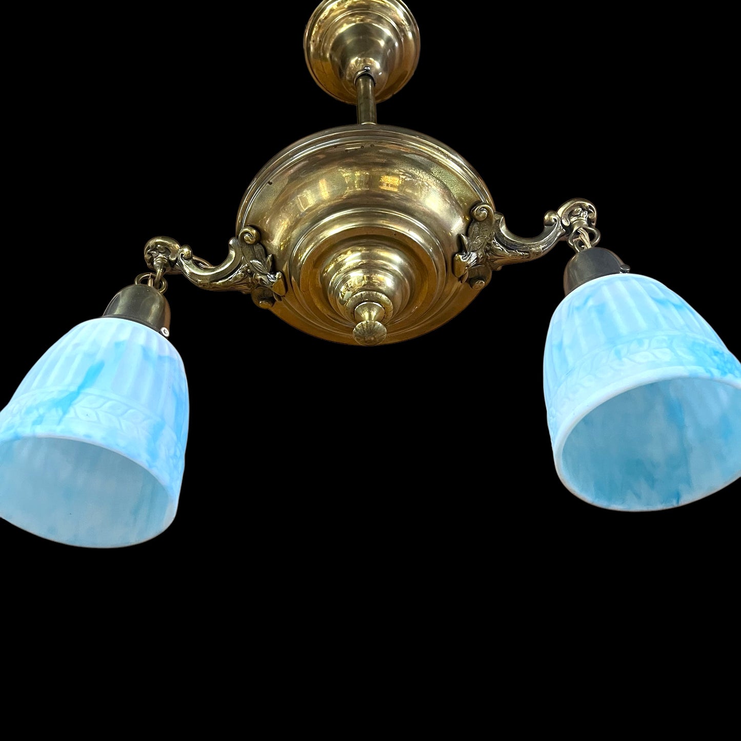 Antique Brass Chandelier With Gorgeous White/Blue Milk Glass Globes - Rewired