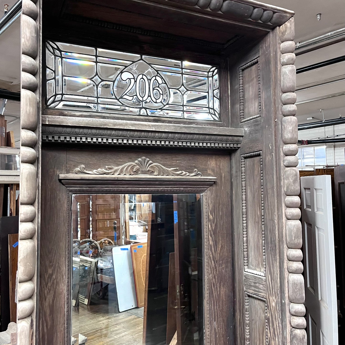 Antique Victorian Entry Door Set w/Leaded Glass Transom