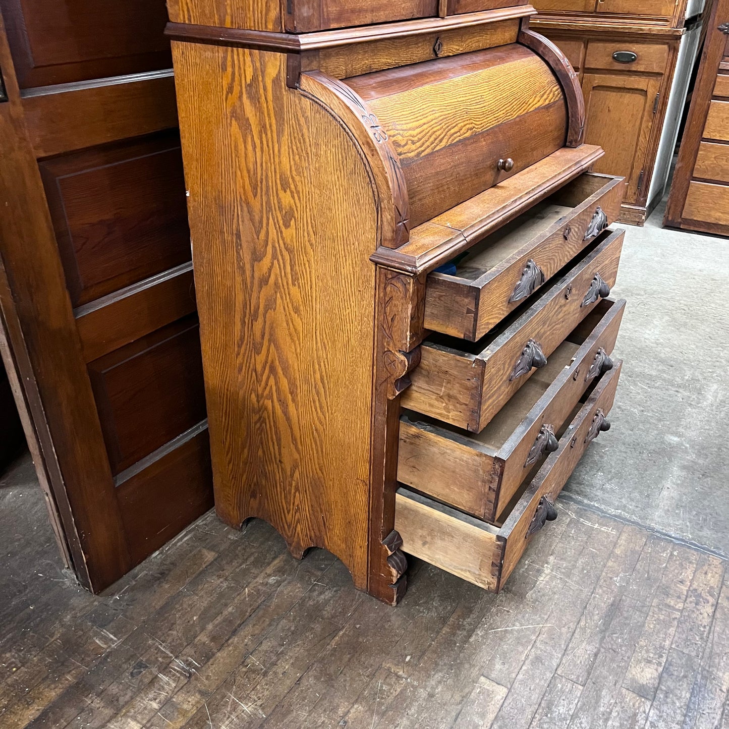 Antique Oak Victorian Roll Top Desk And Bookcase