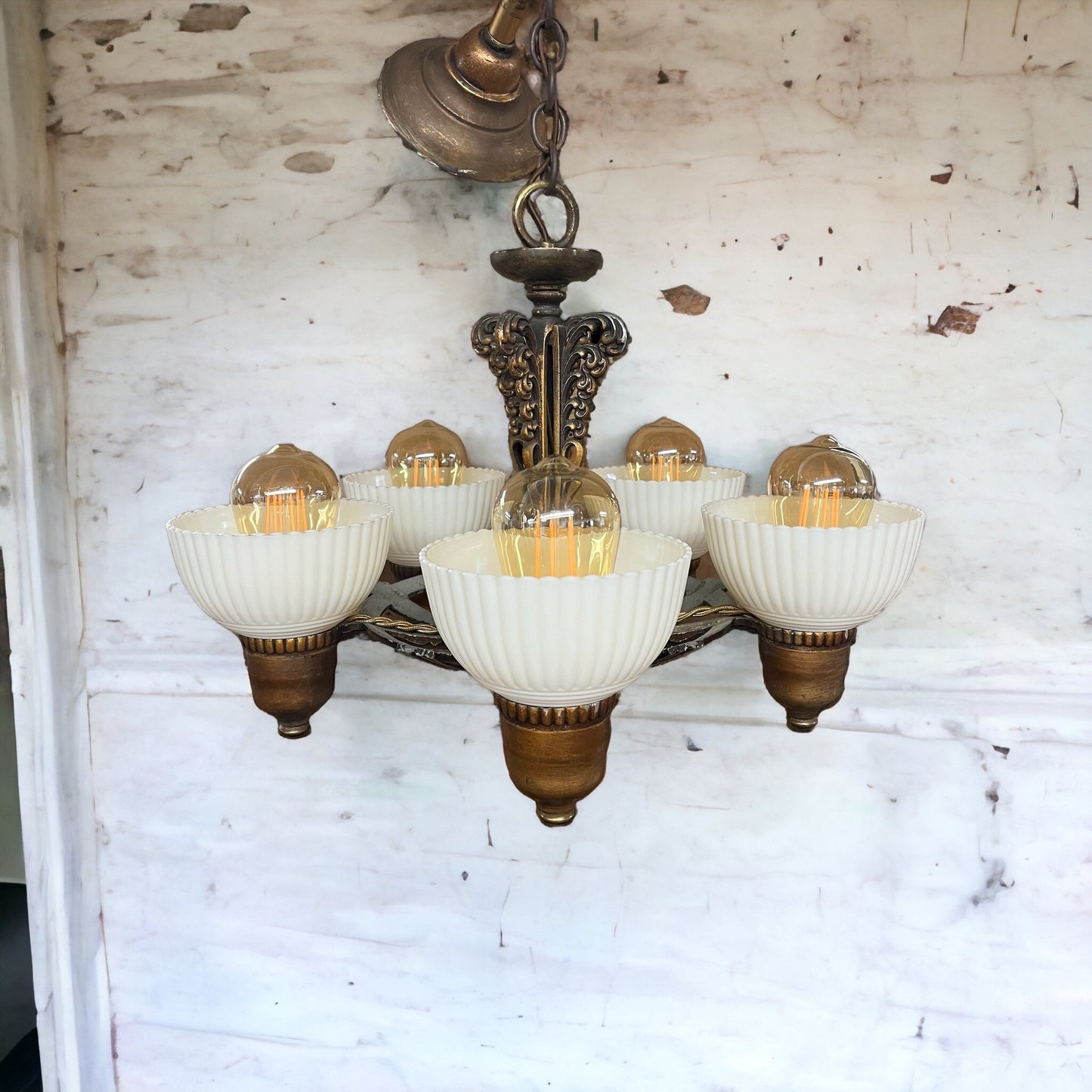 Antique Art Nouveau 5 Bulb Hanging Light/Chandelier With Glass Shades