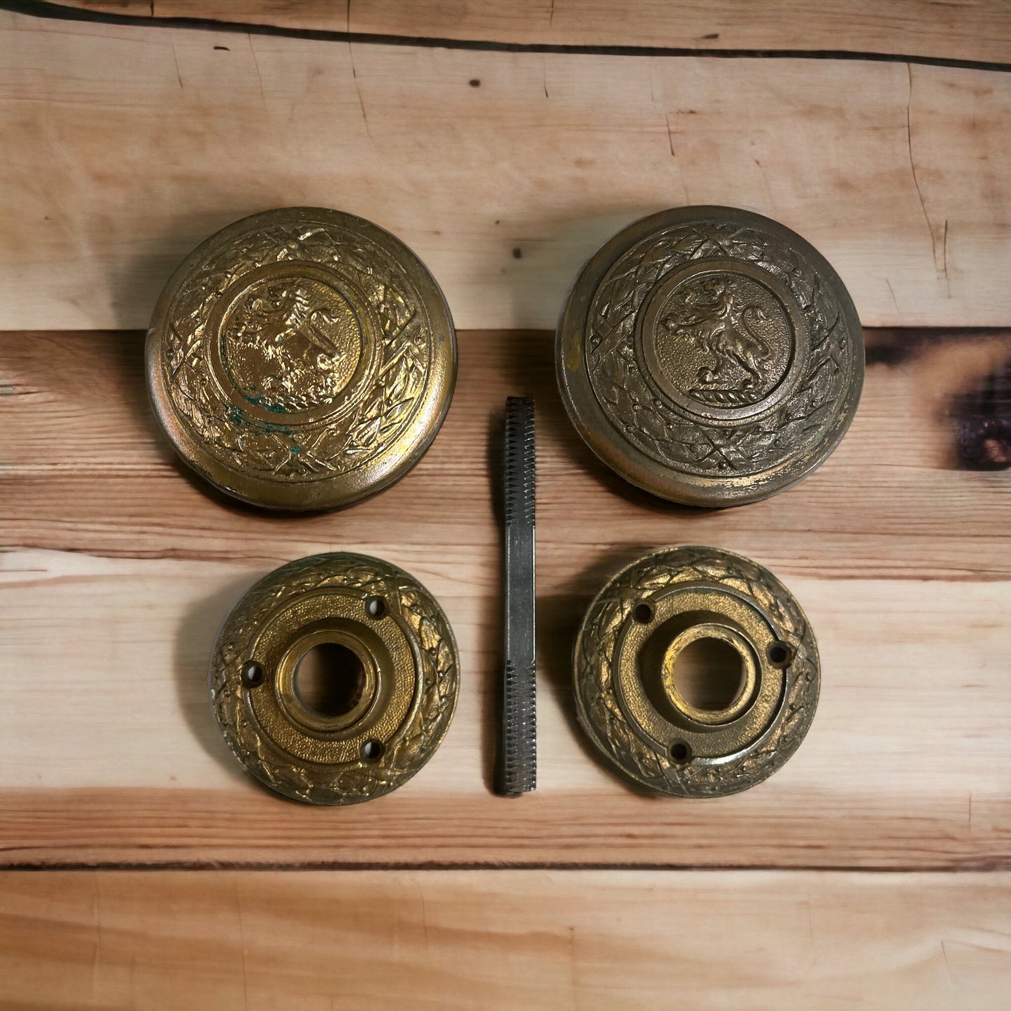 Rare Antique Cast Bronze Sargent Rearing Lion Doorknob Set