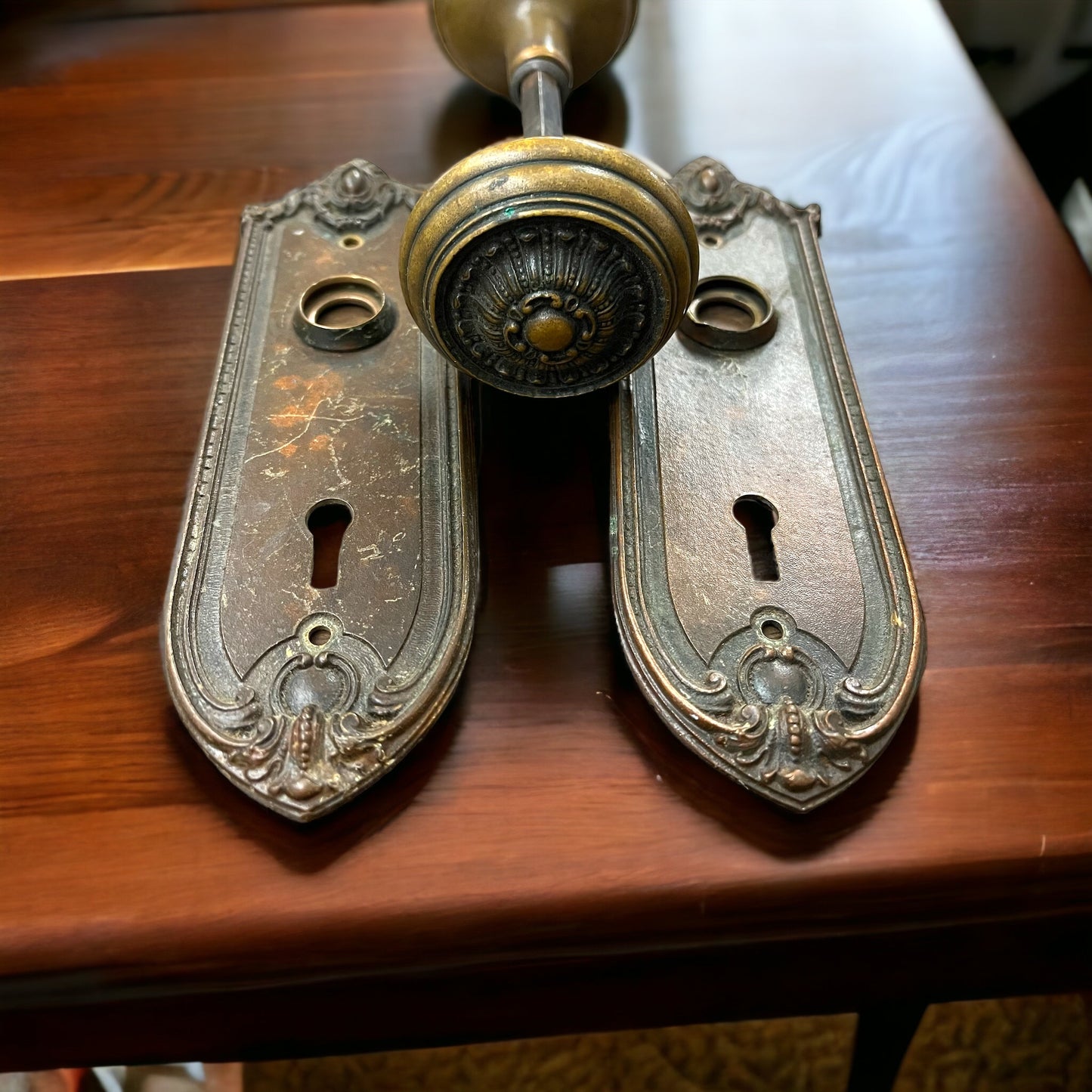 Antique Sargent Royan c. 1901 Brass Door Knob Set with Escutcheon Plates