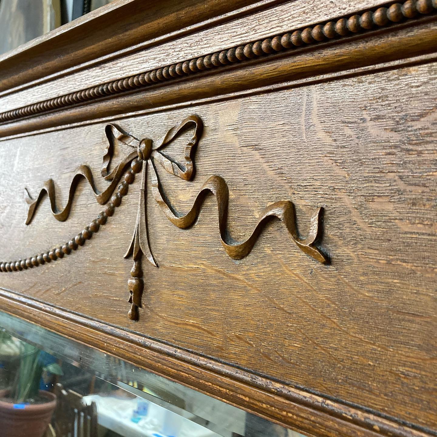 Antique Oak Fireplace Mantel/Surround with Beveled Mirror