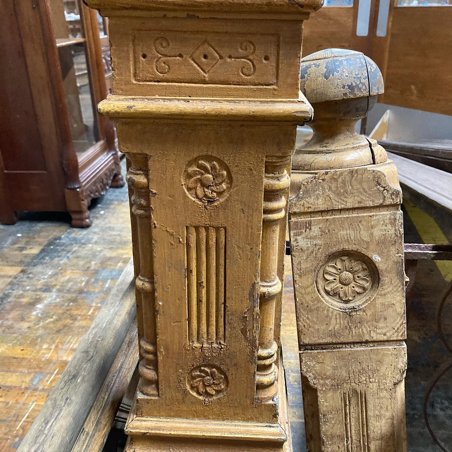 Ornate Antique Stair Railing (two sections) With Two Newel Posts
