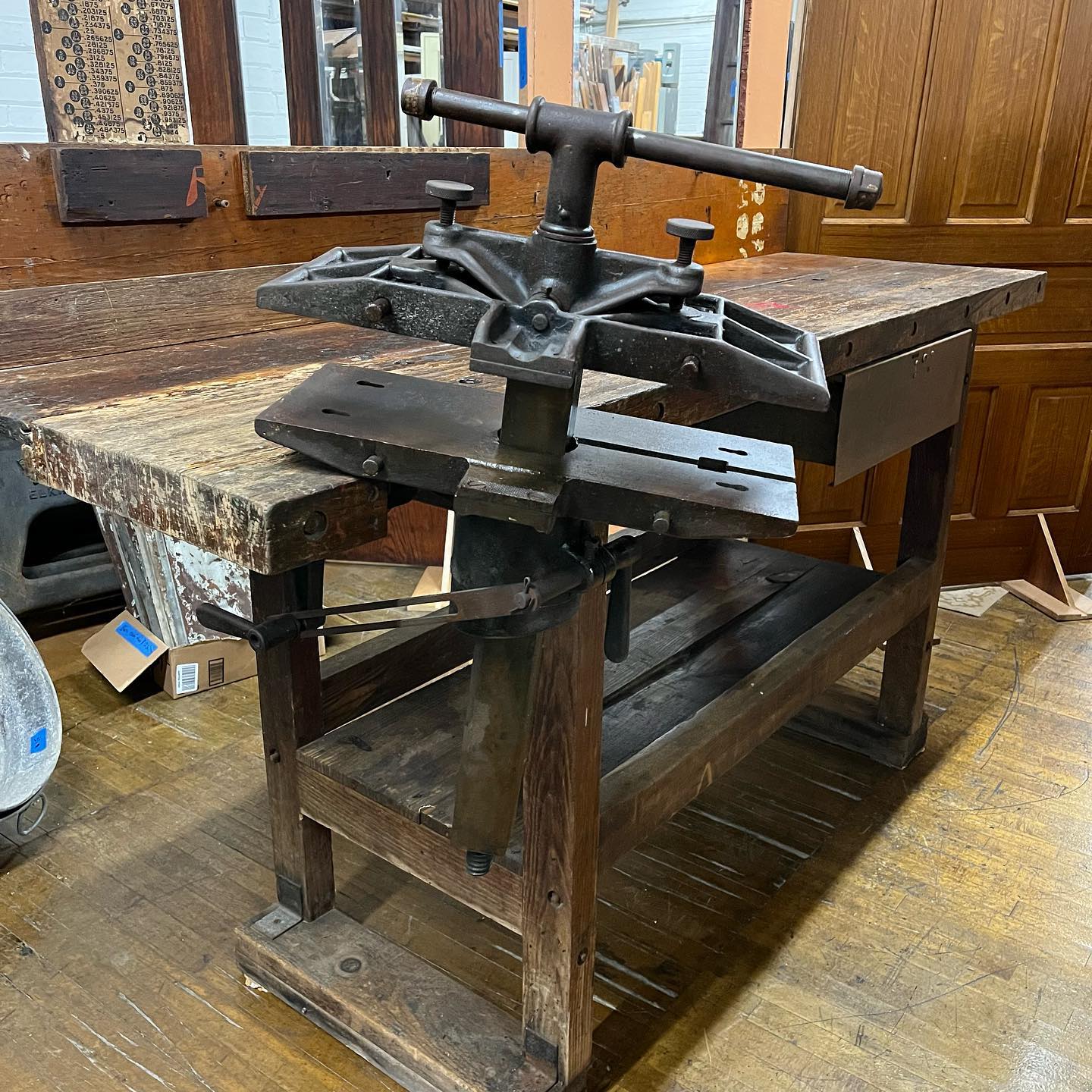 Vintage Industrial Pattern Makers Work Bench with Oliver Vise