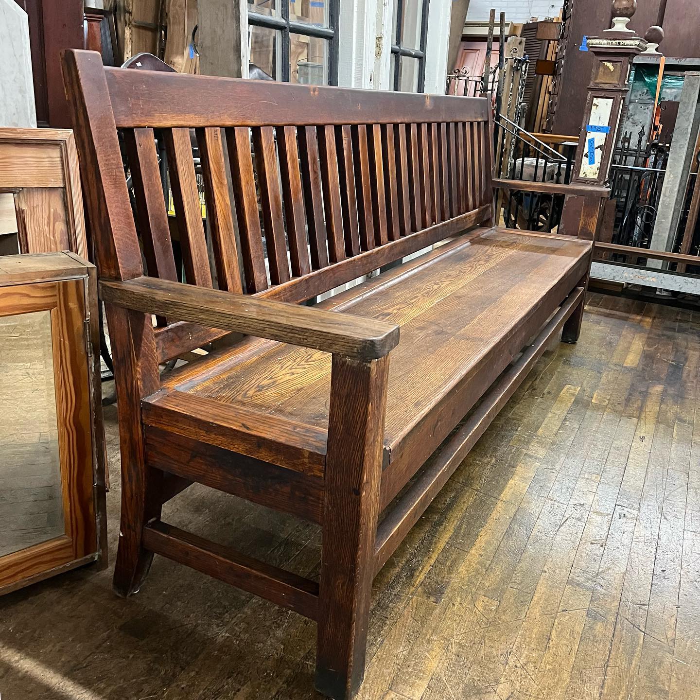 Antique 8ft Oak Slotted Back Bench
