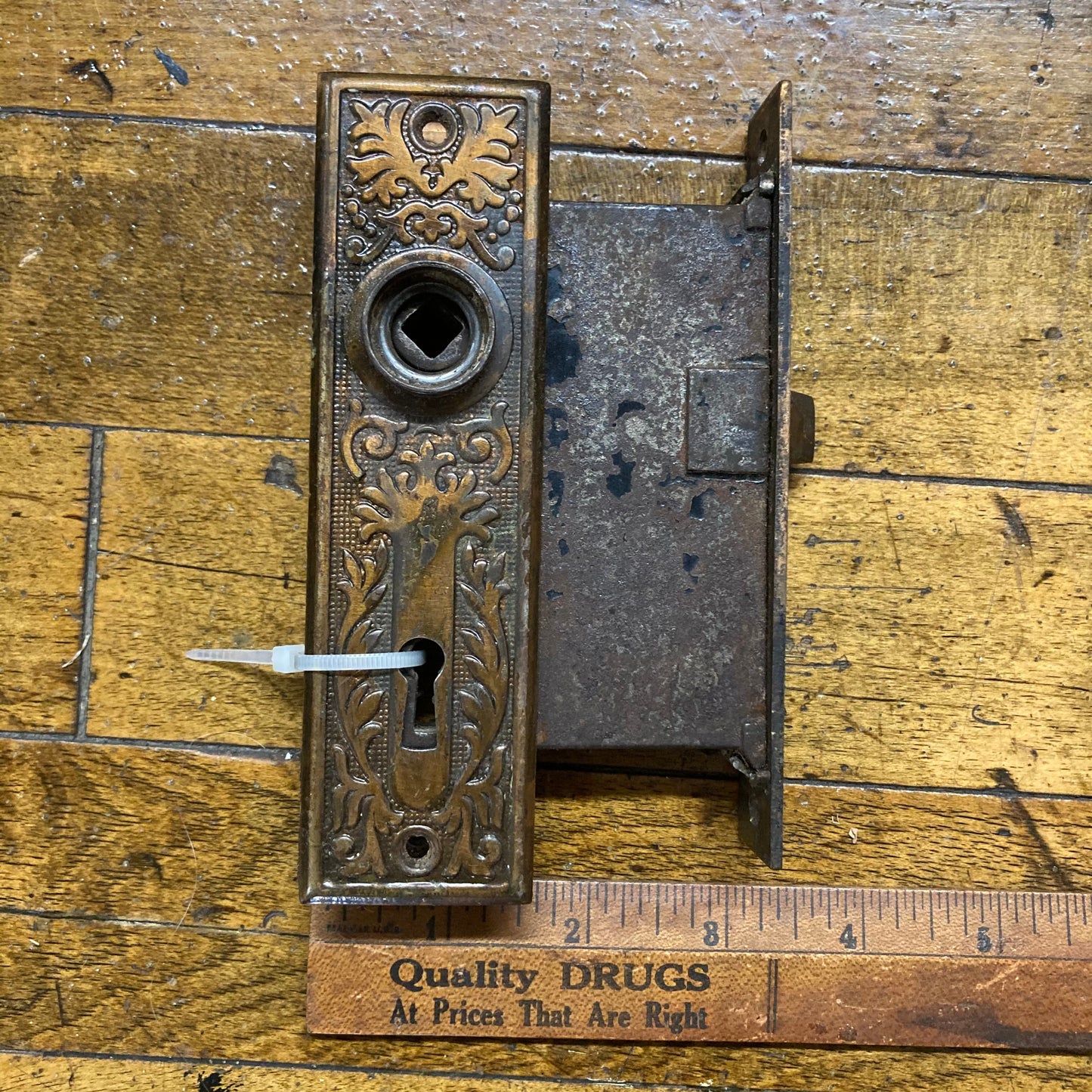 Antique Ornate Mortise Lock with Pair of Back Plates