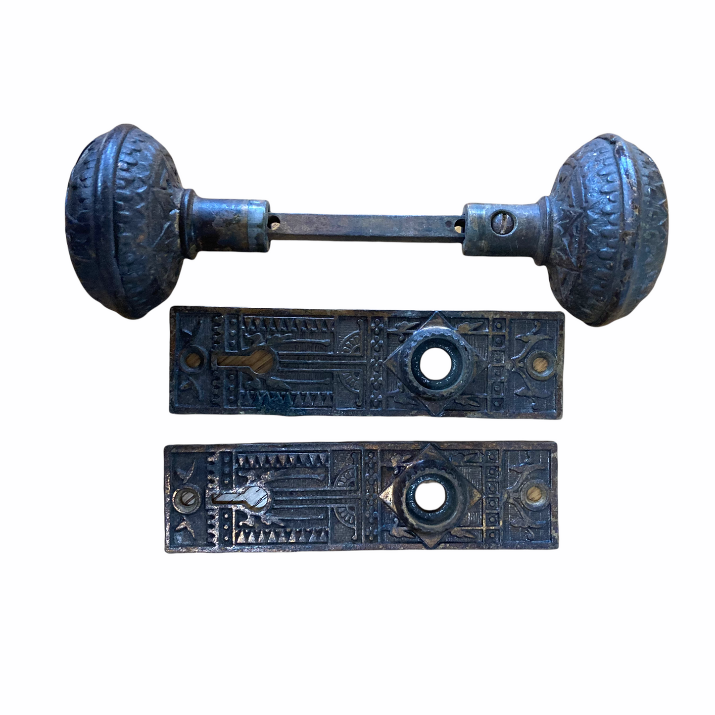 Antique Cast Iron Sargent Door Knob Set With Cast Iron Back Plates c. 1885