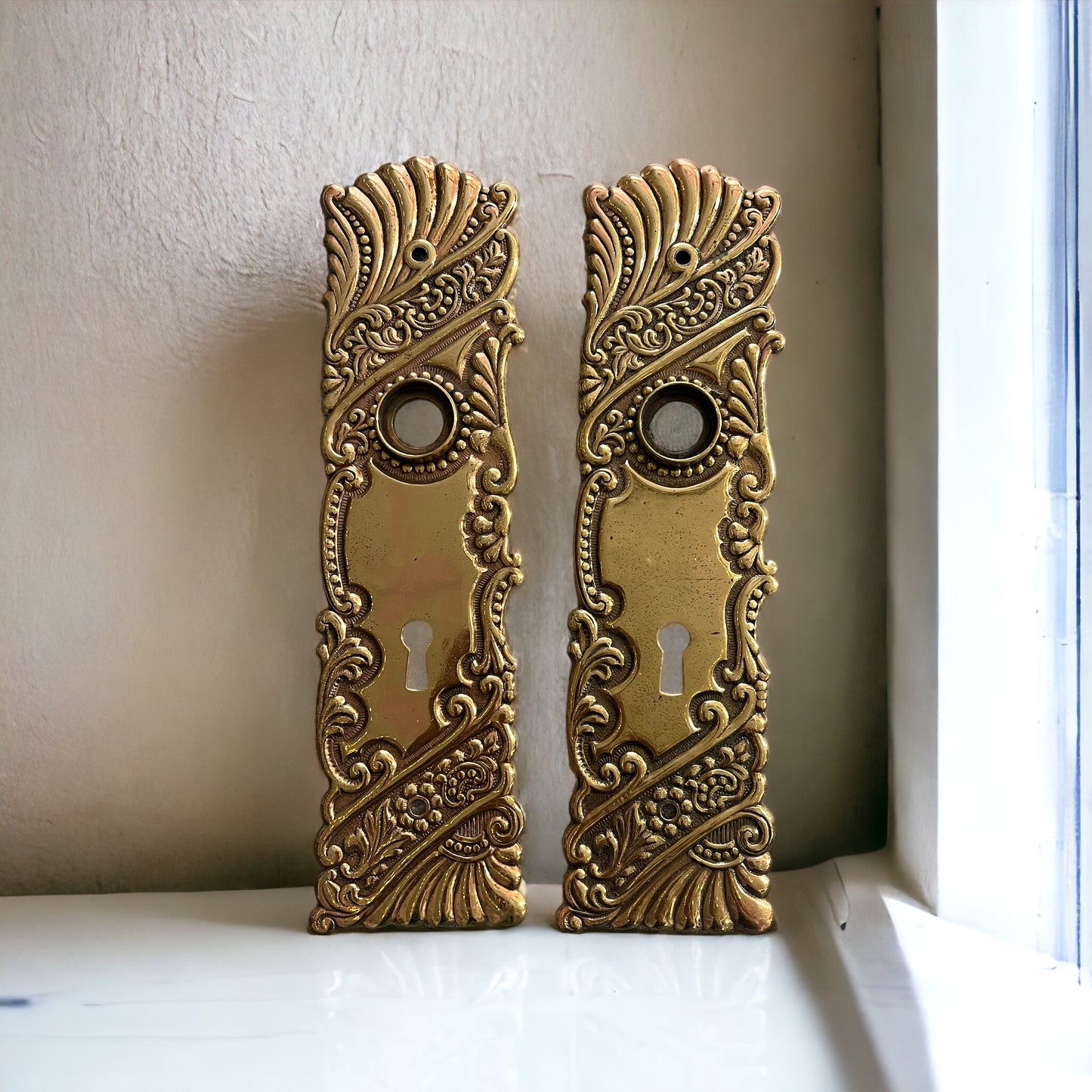Antique Brass Corbin Roanoke c. 1895 Doorknob Set with Escutcheon Plates