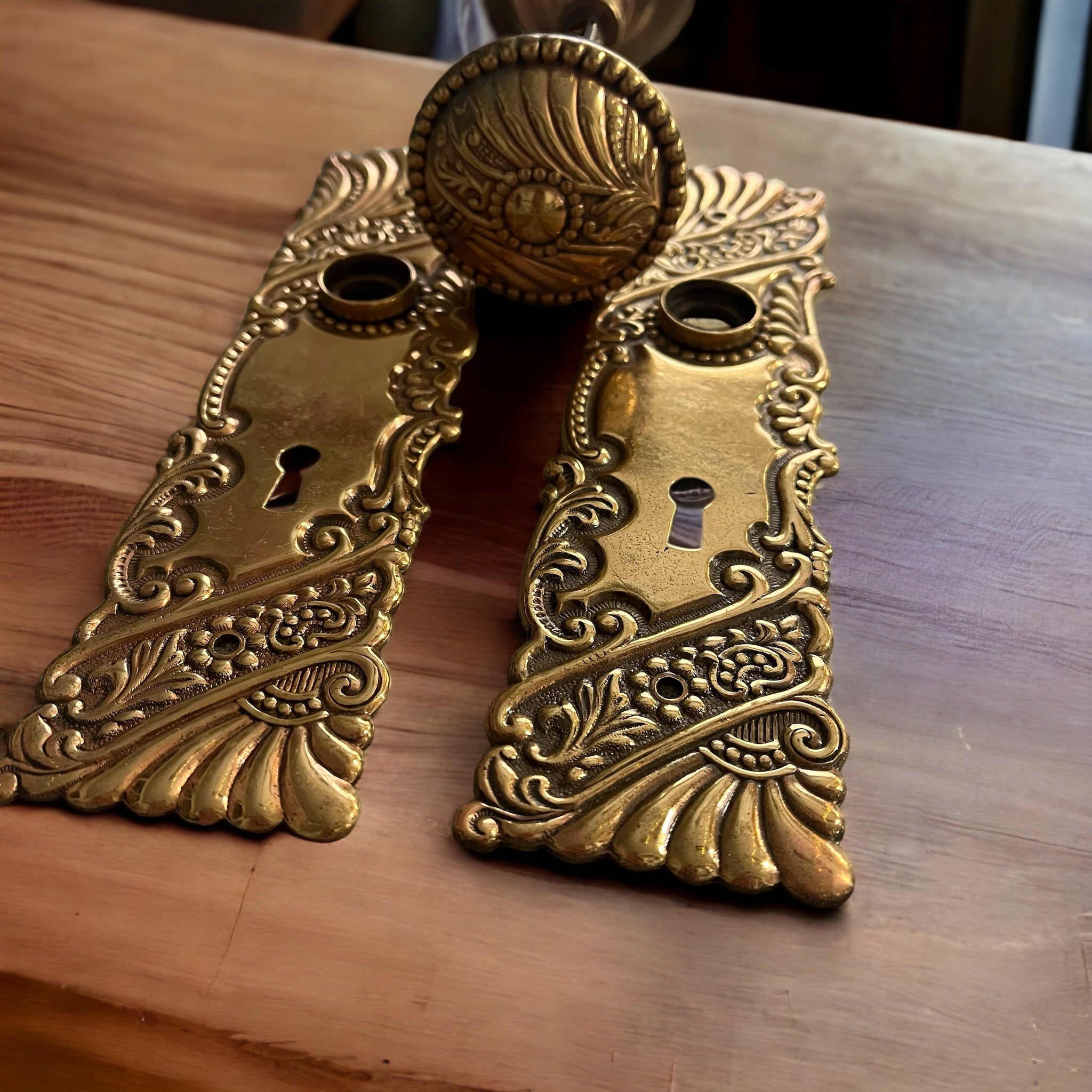 Antique Brass Corbin Roanoke c. 1895 Doorknob Set with Escutcheon Plat