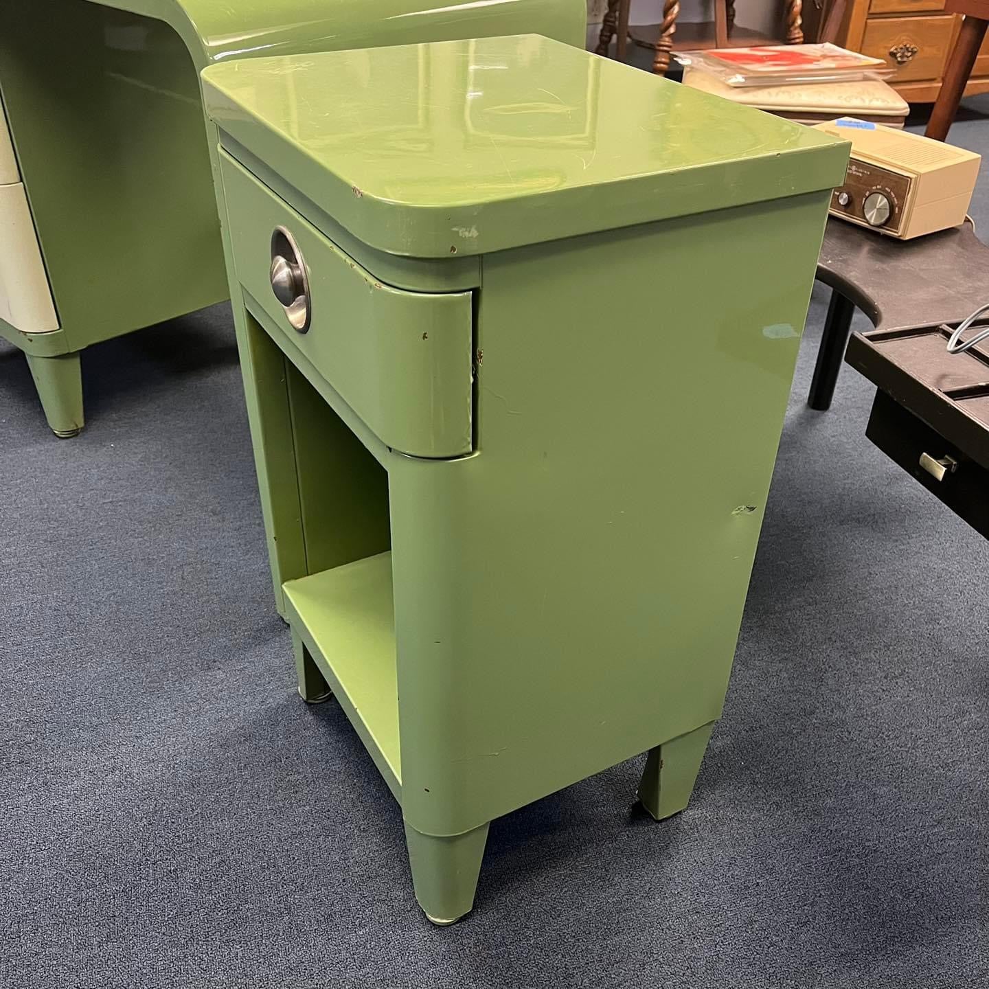 Original Unrestored Simmons c. 1930 American Art Deco Green Enameled Steel Desk and Night Stand