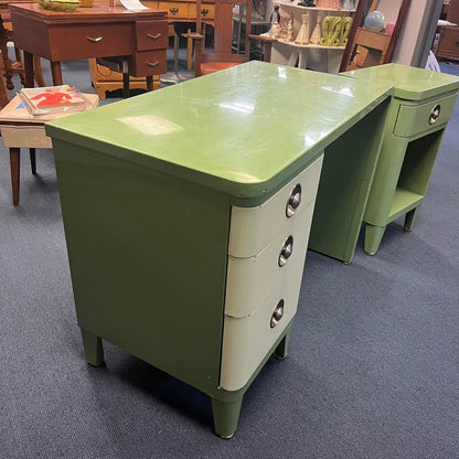 Original Unrestored Simmons c. 1930 American Art Deco Green Enameled Steel Desk and Night Stand