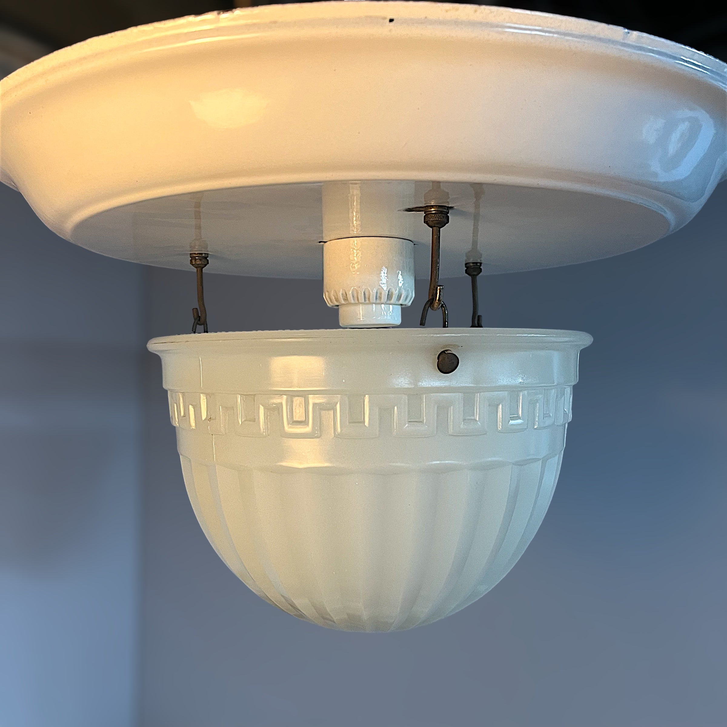 Antique Neoclassical Cast Opaline Glass Inverted Dome Pendant Light