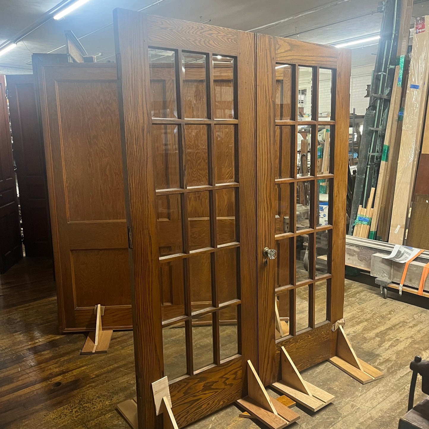 Antique Oak French Doors with 15 Beveled Glass Panes