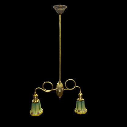 Antique Victorian Brass Light With Reversed Painted Glass Globes