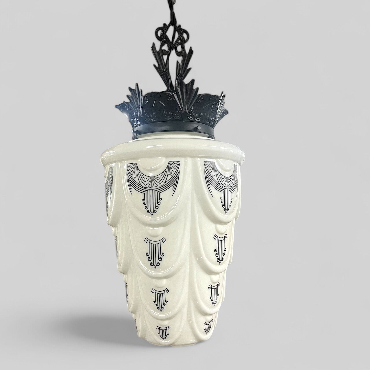 Vintage Art Deco Milk Glass Skyscraper Pendant Light Fixture With Painted Design