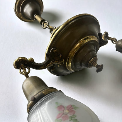 Antique Early 1900s Brass Double Pendant With Hand-Painted Frosted Glass Shades - Rewired