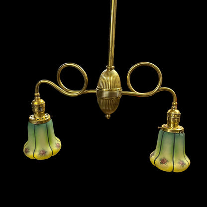 Antique Victorian Brass Light With Reversed Painted Glass Globes