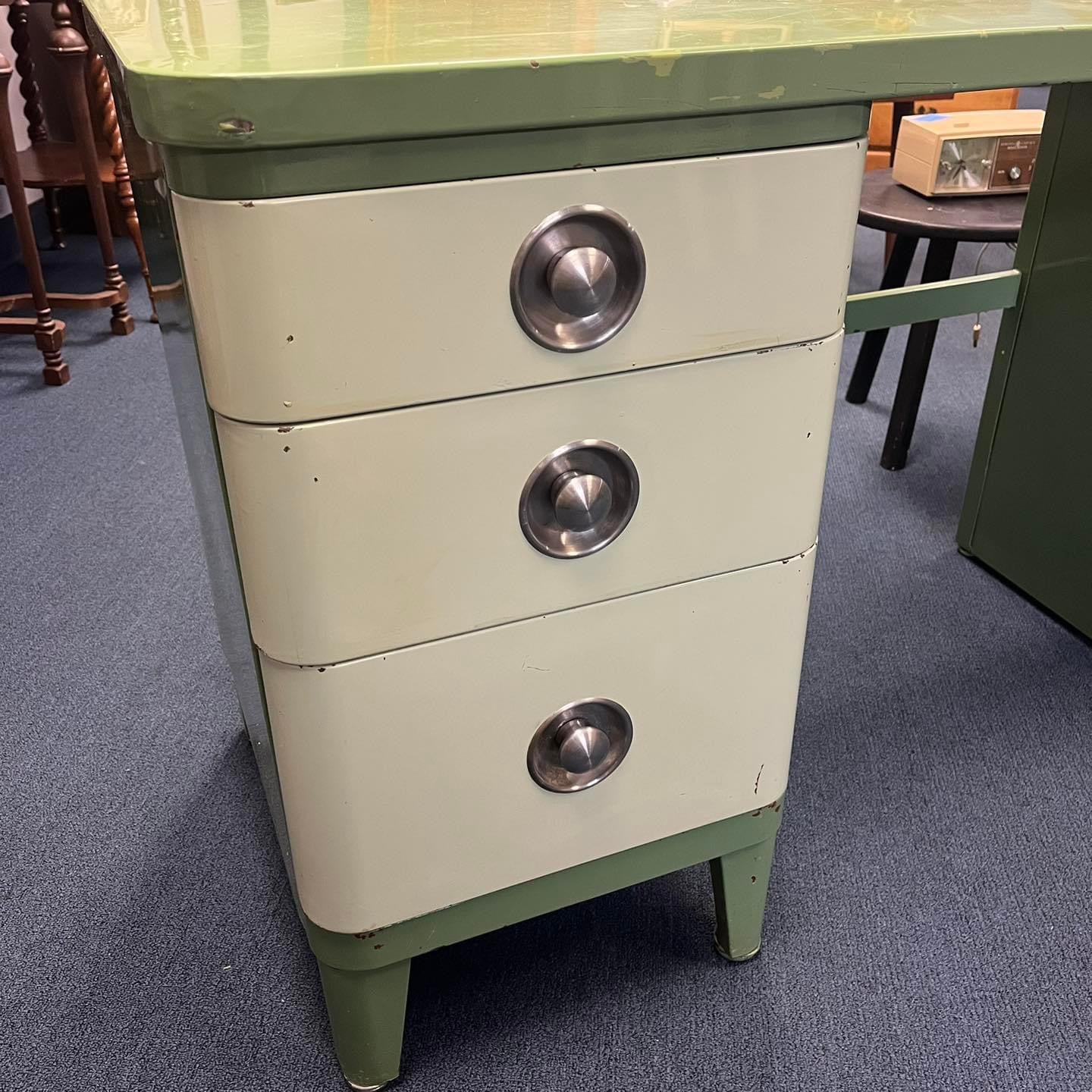 Original Unrestored Simmons c. 1930 American Art Deco Green Enameled Steel Desk and Night Stand