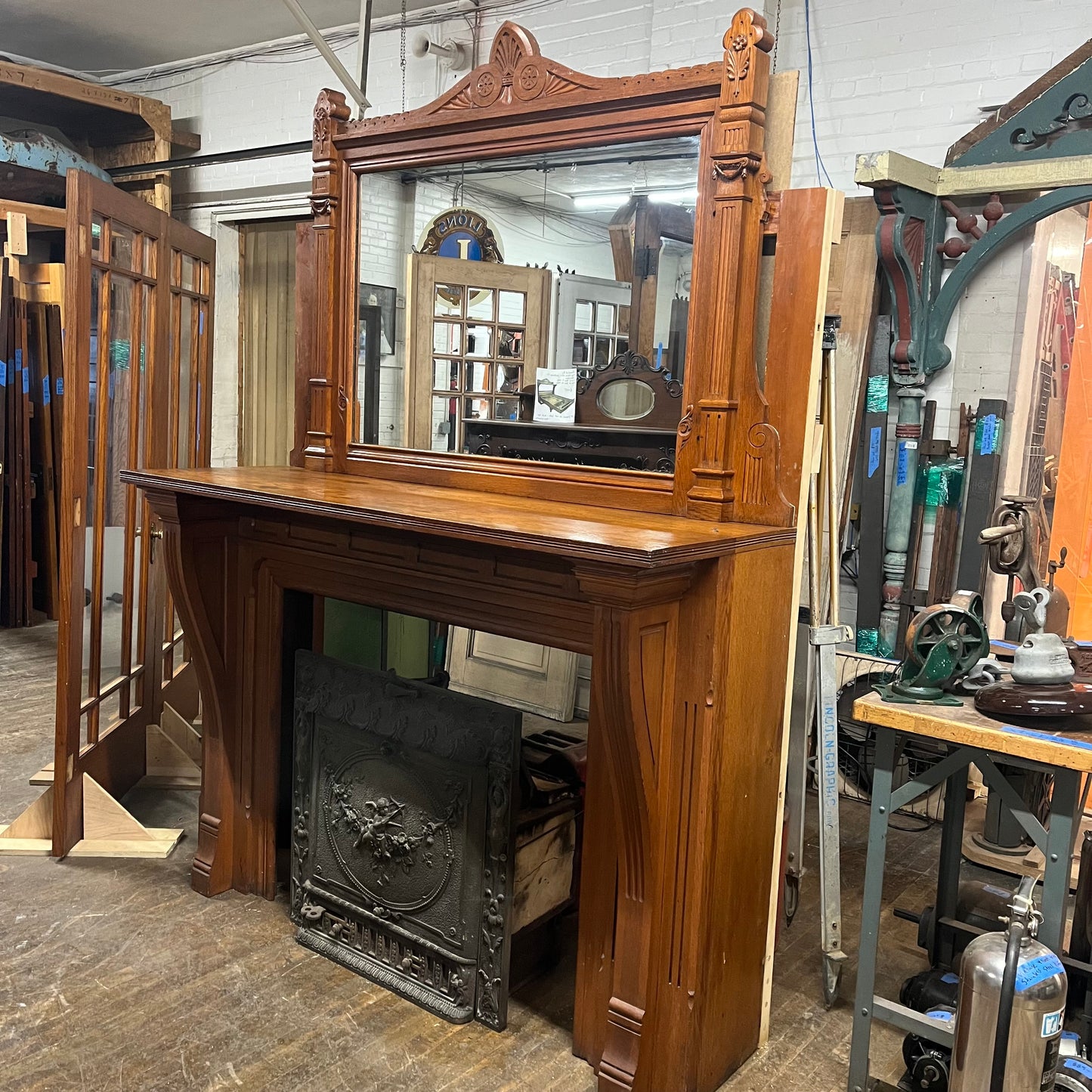 Large Antique Victorian Carved Oak Fireplace Mantel With Mirror