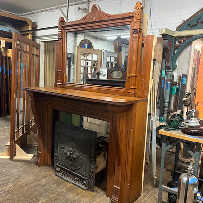 Large Antique Victorian Carved Oak Fireplace Mantel With Mirror