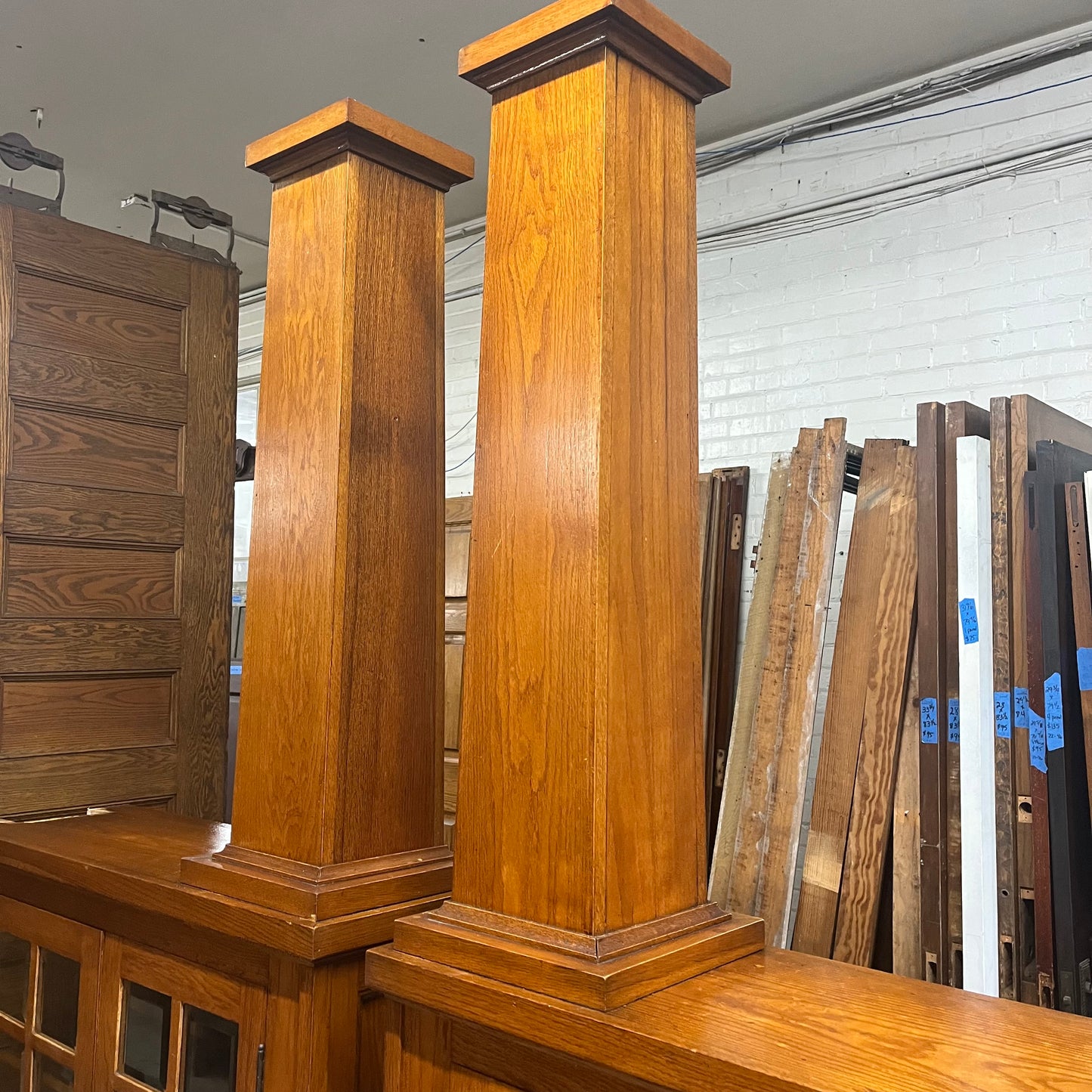 Antique Oak Colonnades with Beveled Glass Cabinets