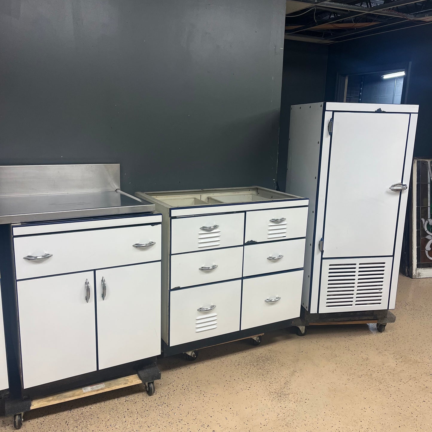 Antique Vintage Set of Porcelain Enameled Kitchen Cabinets Sink and Fridge from 1927 Home