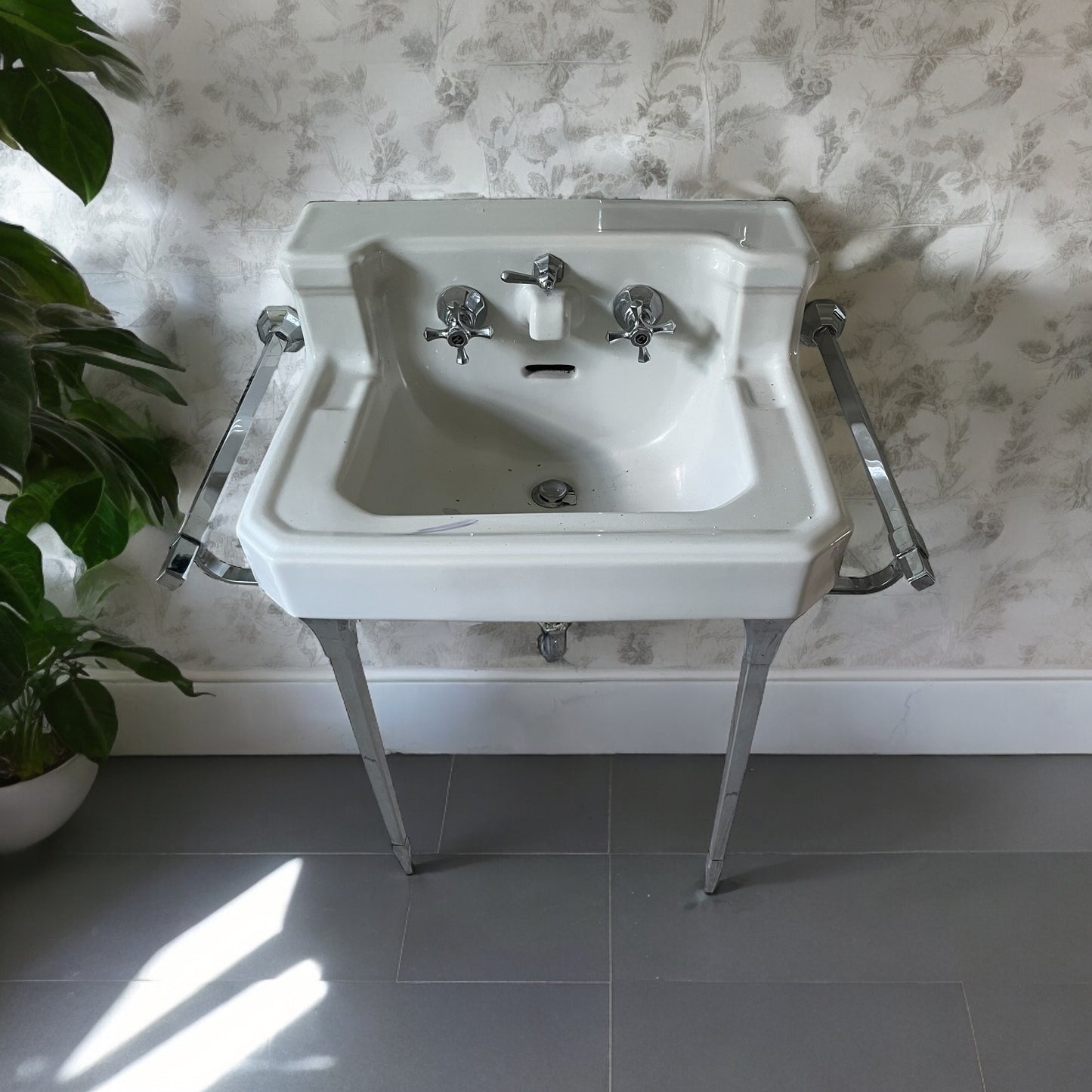 Antique “Standard” White Porcelain Sink with Nickel Plated Brass Legs/Towel Bars