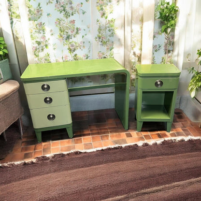 Original Unrestored Simmons c. 1930 American Art Deco Green Enameled Steel Desk and Night Stand